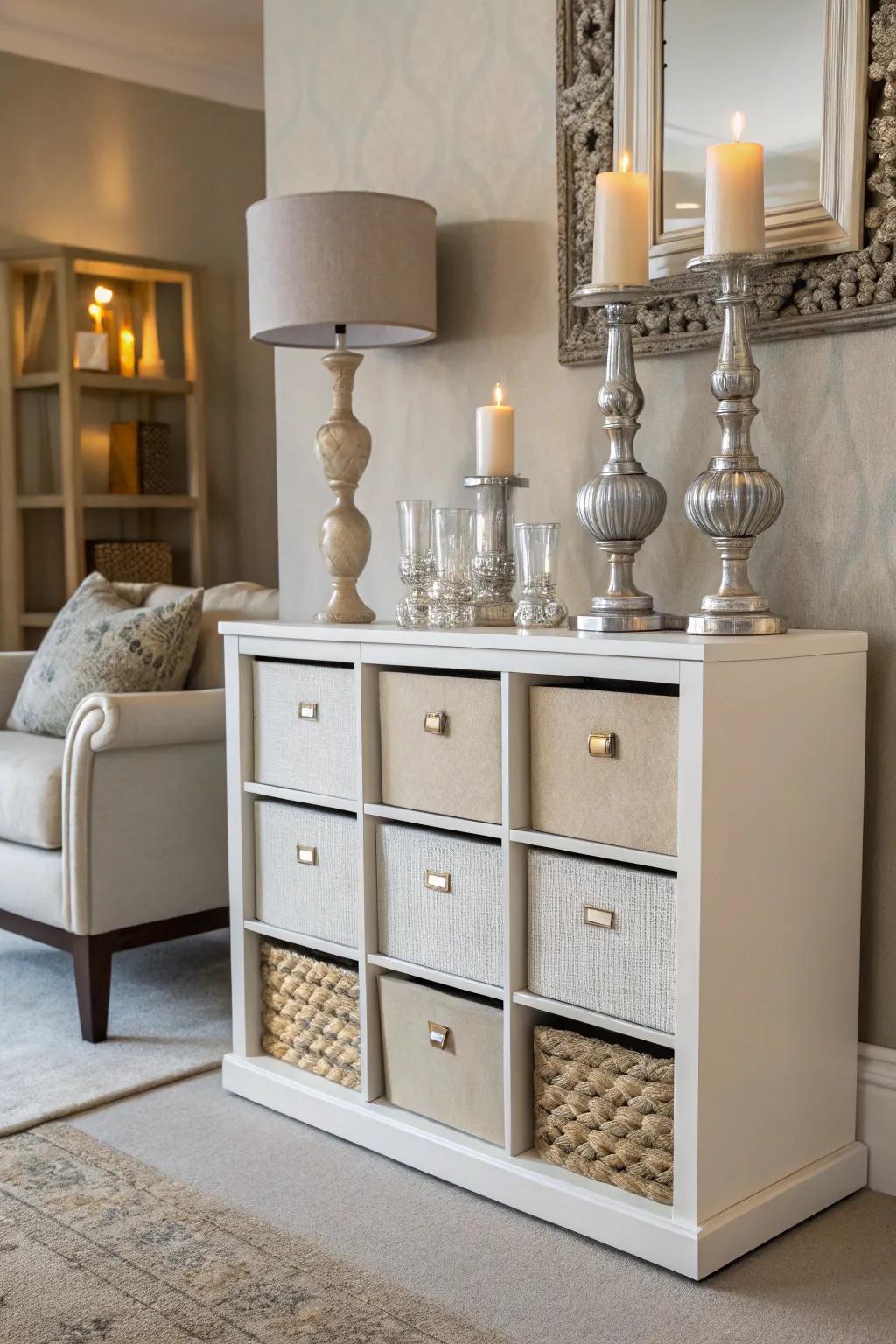 Refined detail accents placed upon cube storage introduce an element of elegance.