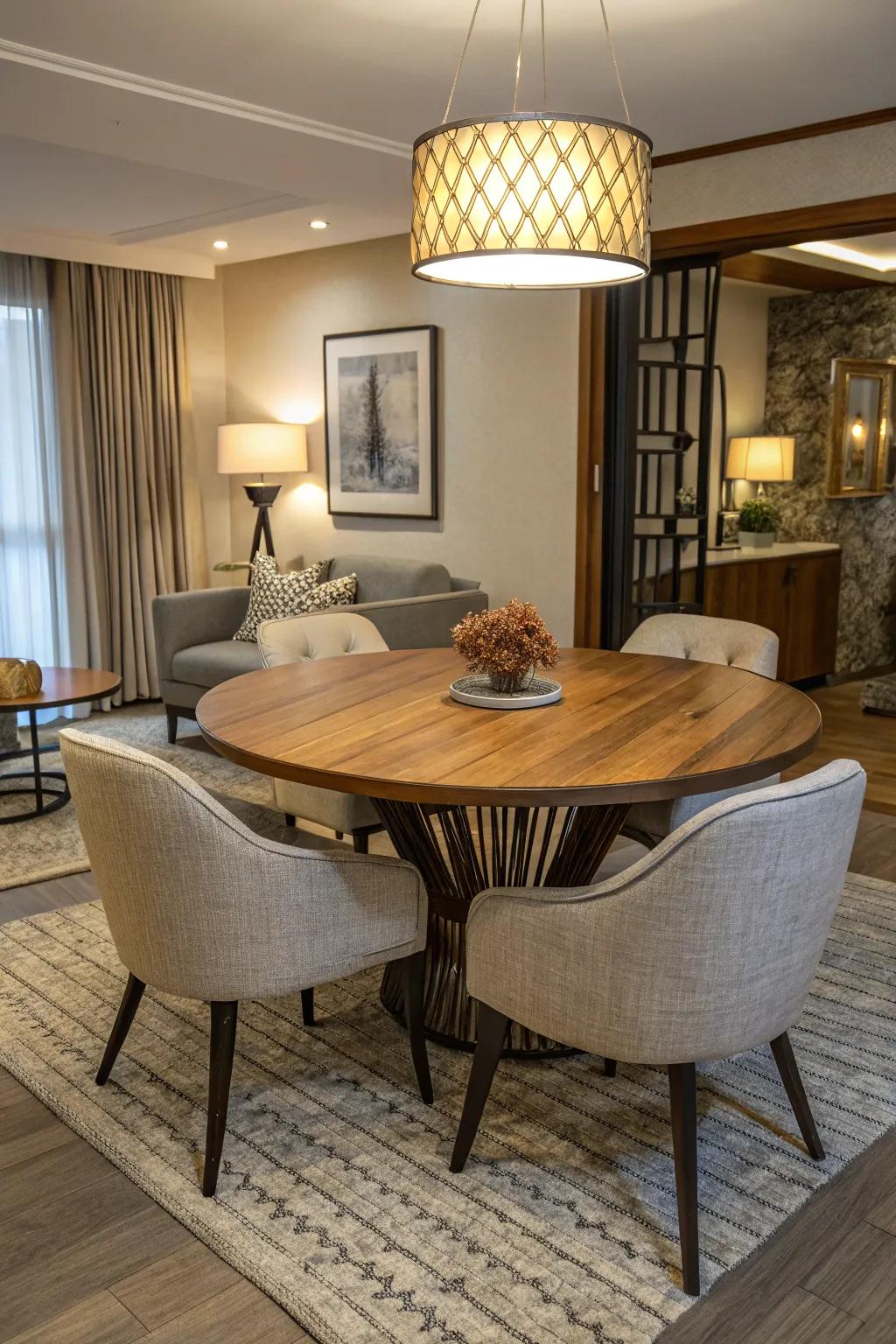 Round tables enhance intimacy and versatility in compact areas.