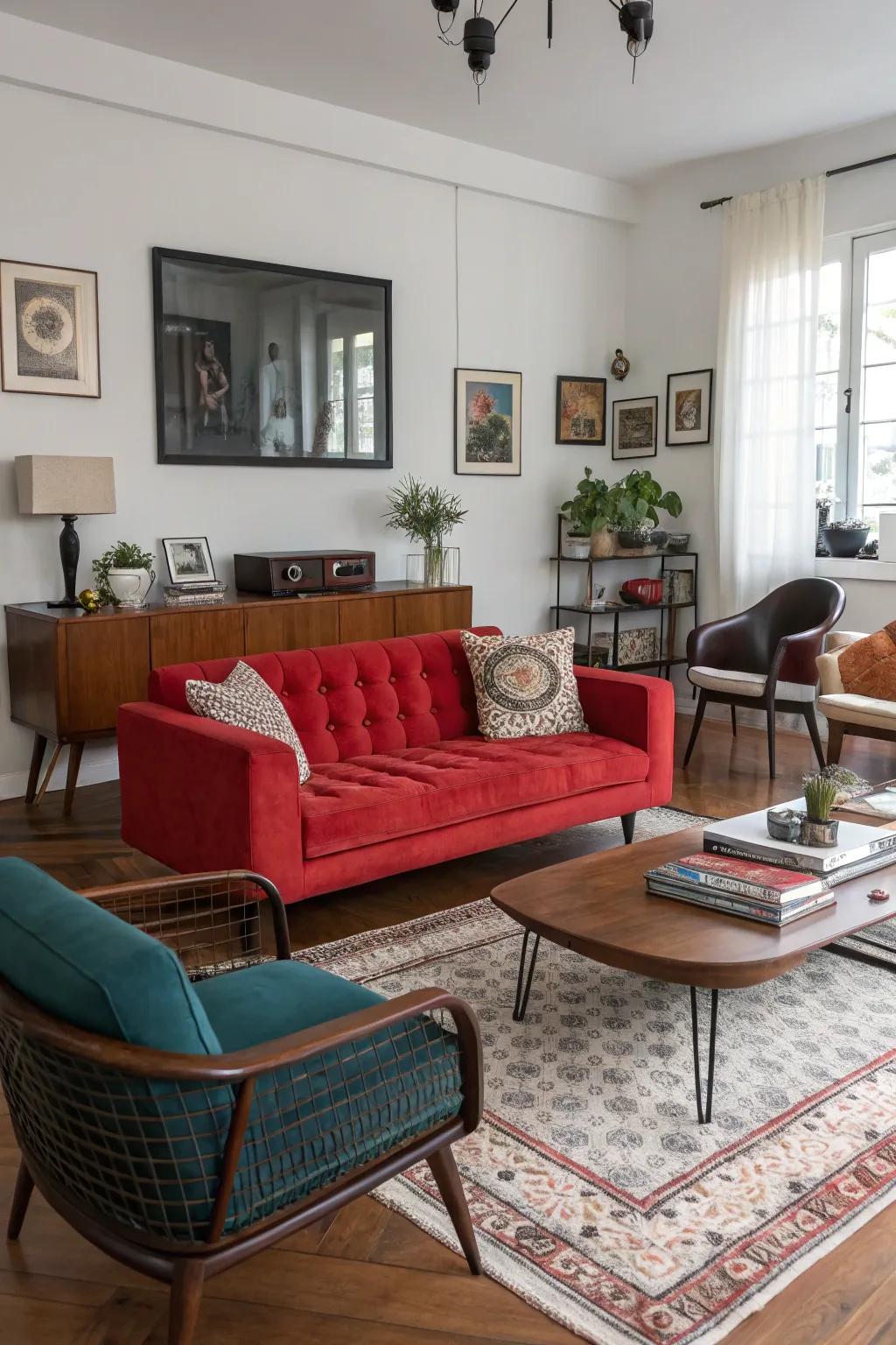 A diverse furniture mix crafts a harmonious and intriguing lounge arrangement.