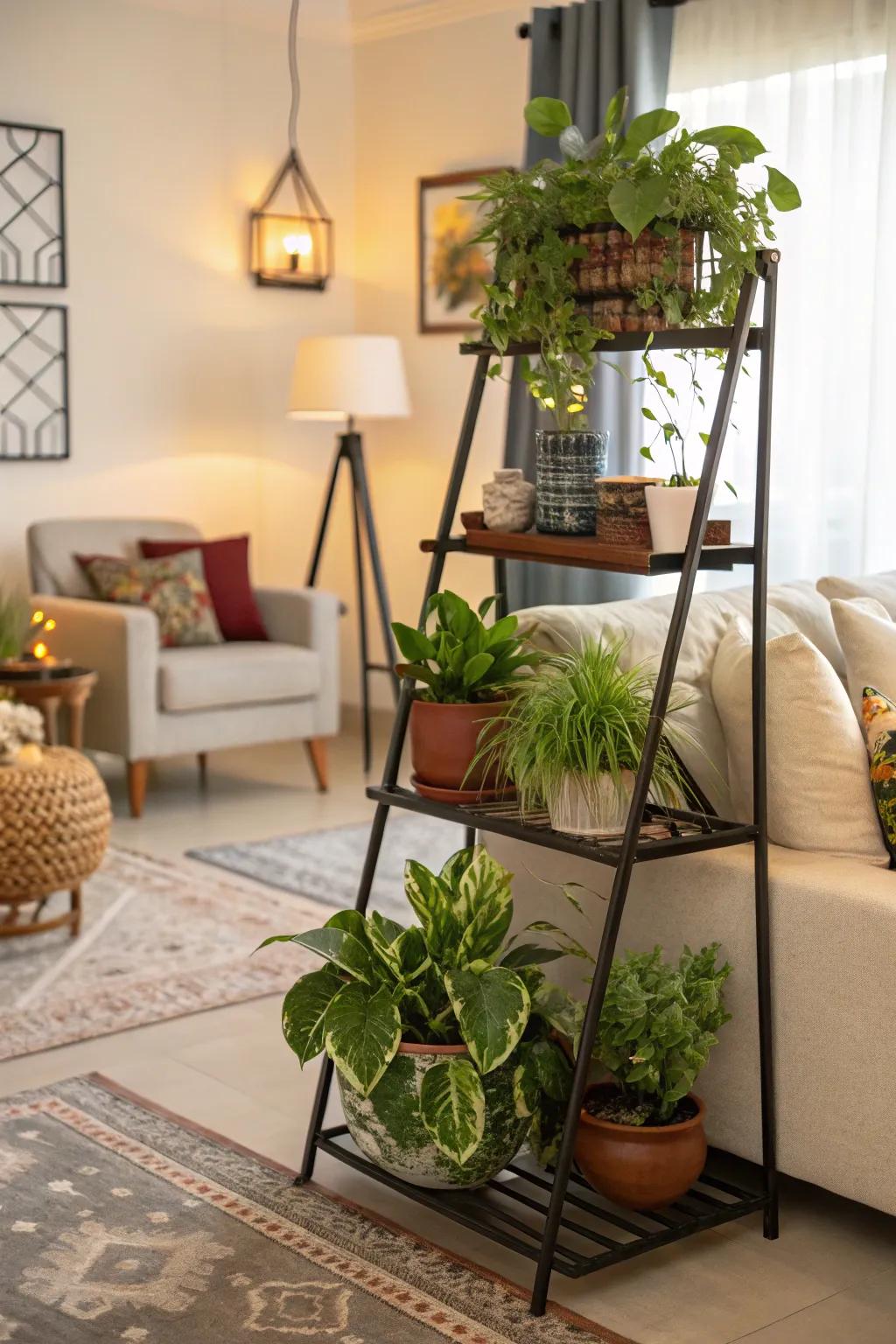 A graduated botanical stand fashions a miniature internal jungle.