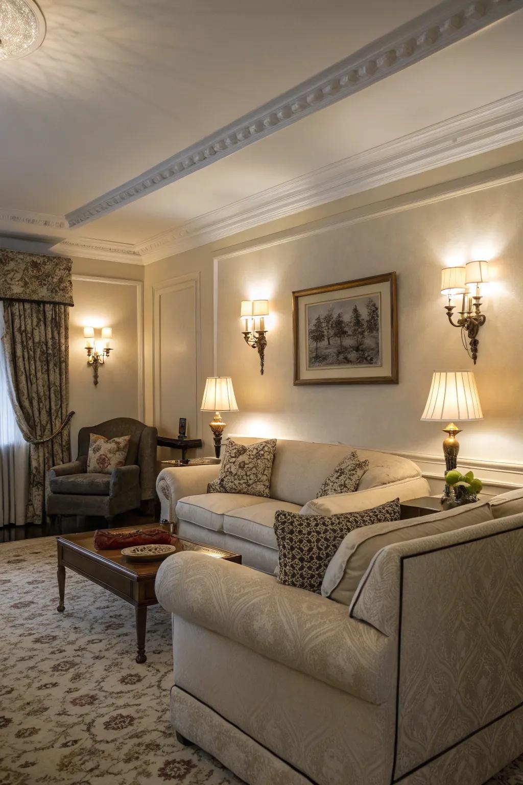Mounted lights add a comfortable radiance and accentuate architectural details.