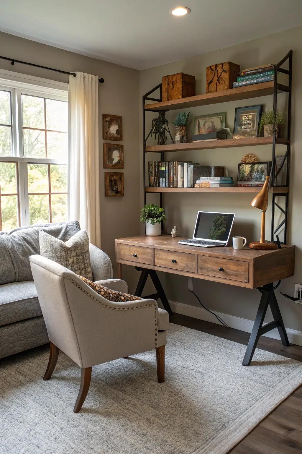 An accent wall elegantly defines the office area.