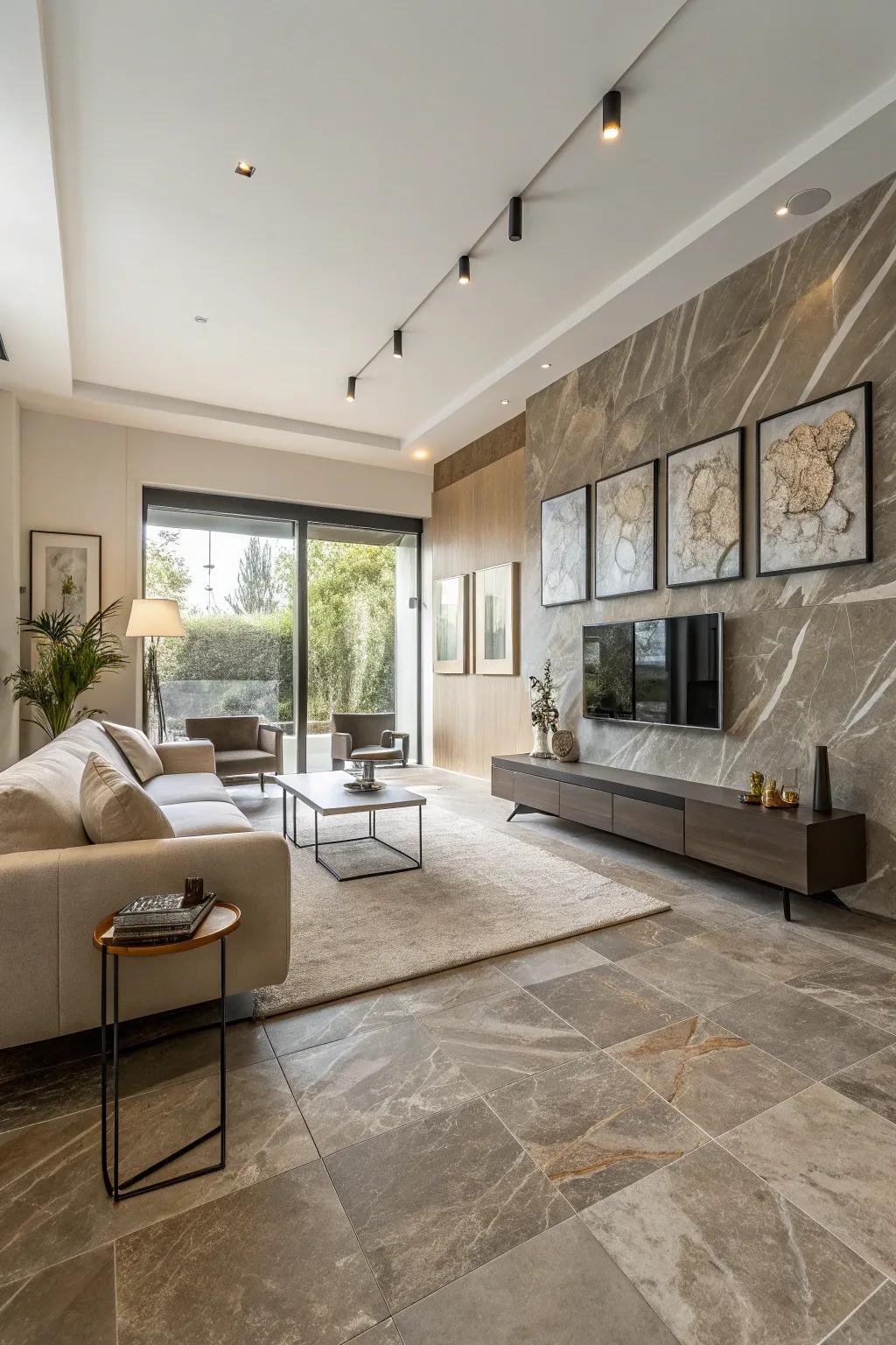 Contemporary living room with stone-look porcelain tiles.
