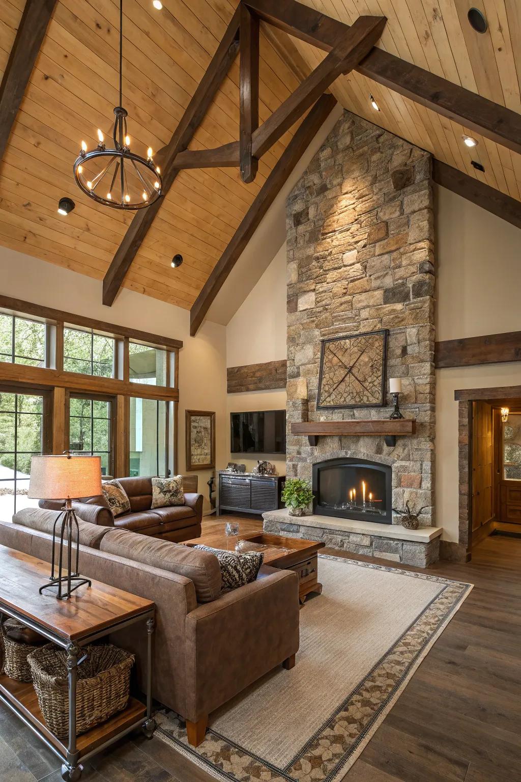 Diverse textures enrich a vaulted ceiling living area.