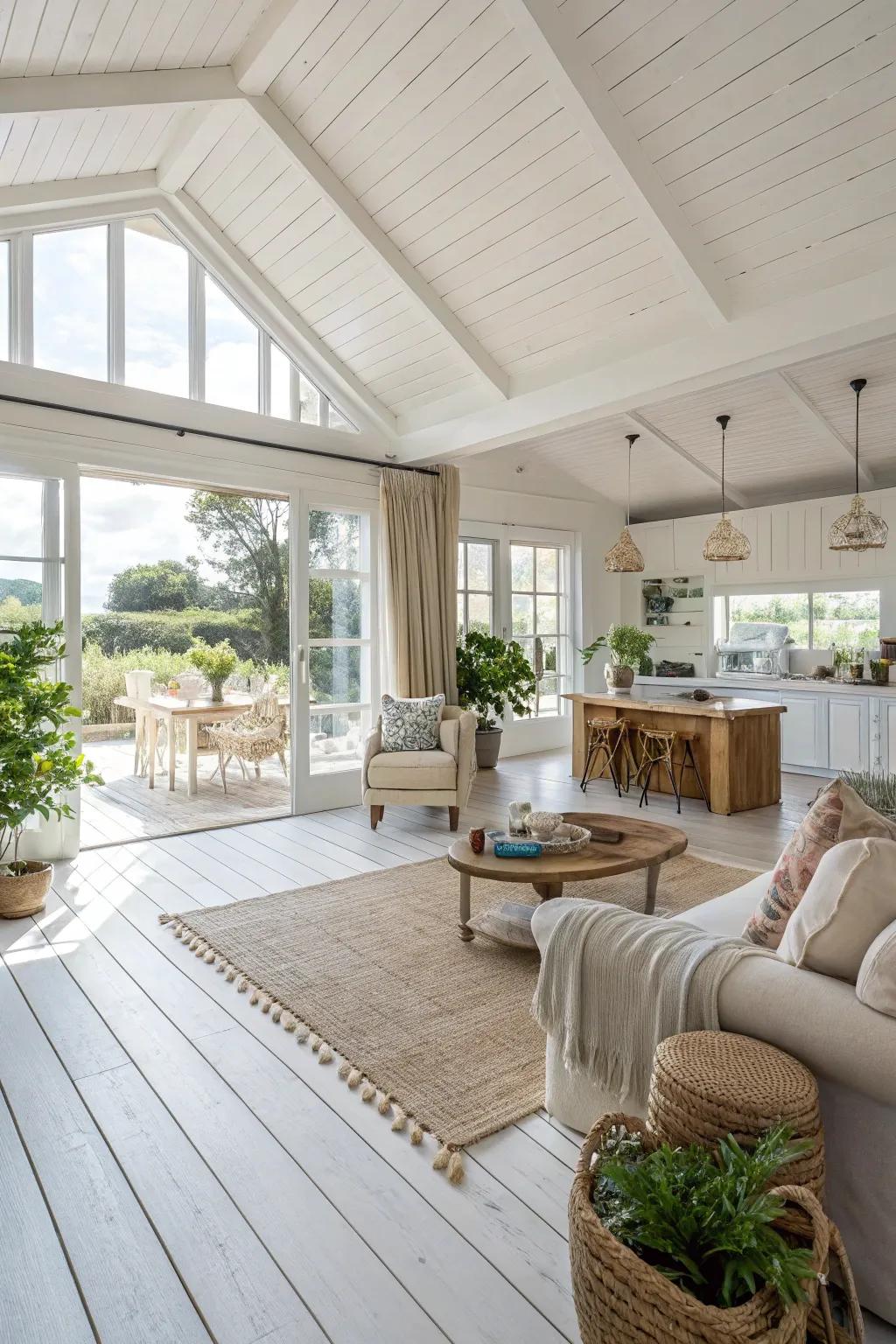 Open spaces feel expansive and harmonized with white wood flooring.