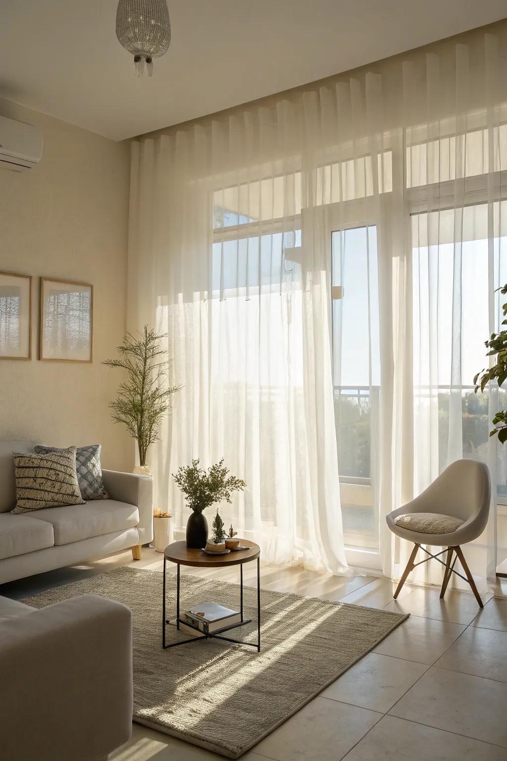 Delicate curtains fashioning a soft, welcoming radiance in the living area.