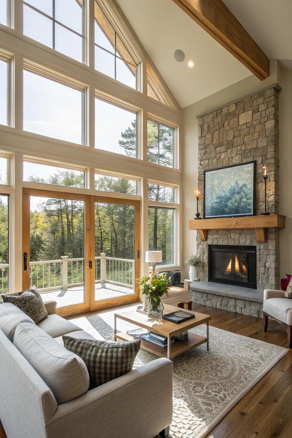 A radiant living room where the fireside is beautifully enhanced by large, sun-inviting windows.