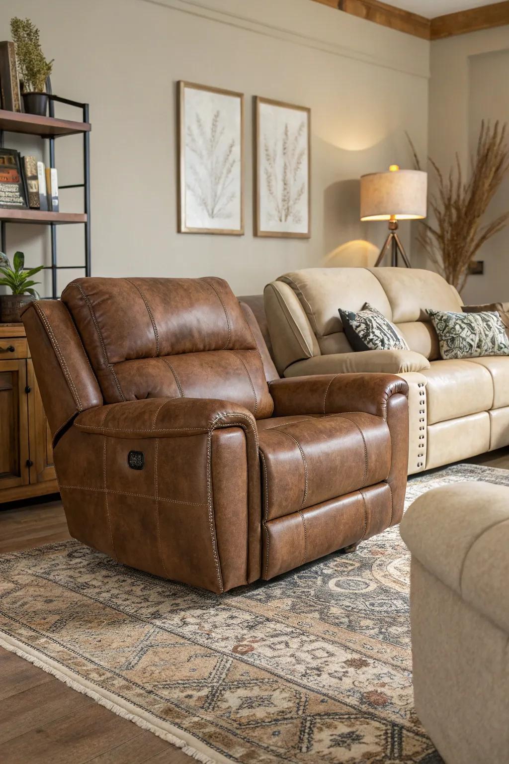 A textured living area featuring a leather recliner matched with textile sofas.