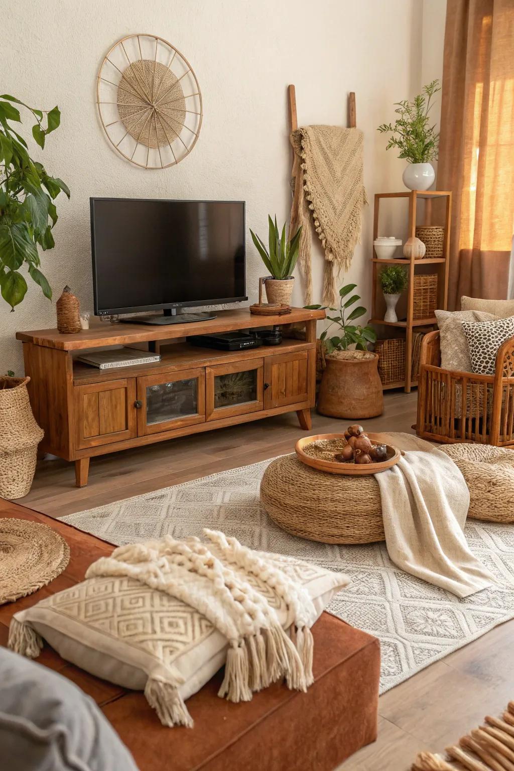 Natural shades and materials fashion a cozy and welcoming TV area.