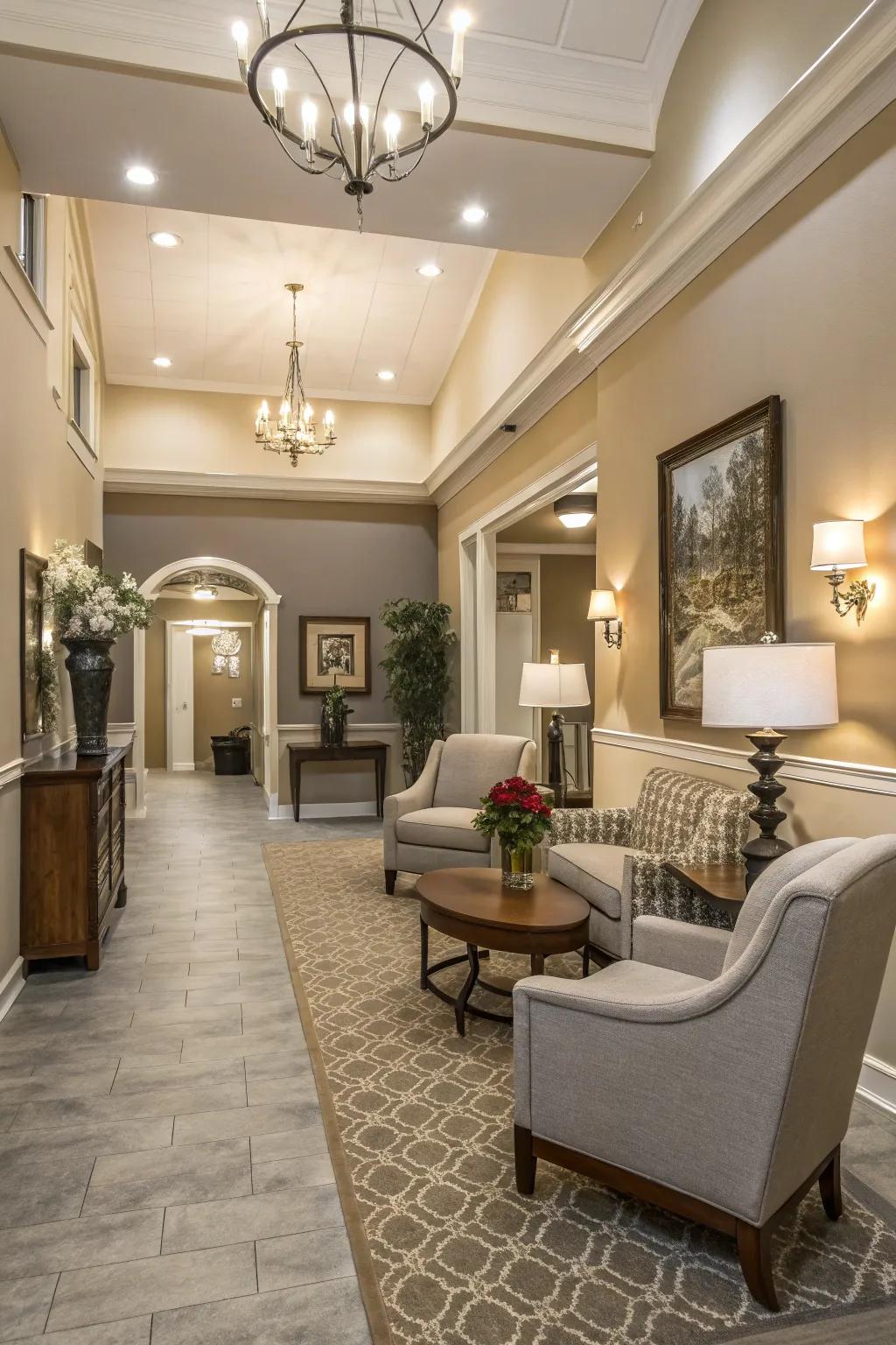 A serene foyer with a soothing color scheme
