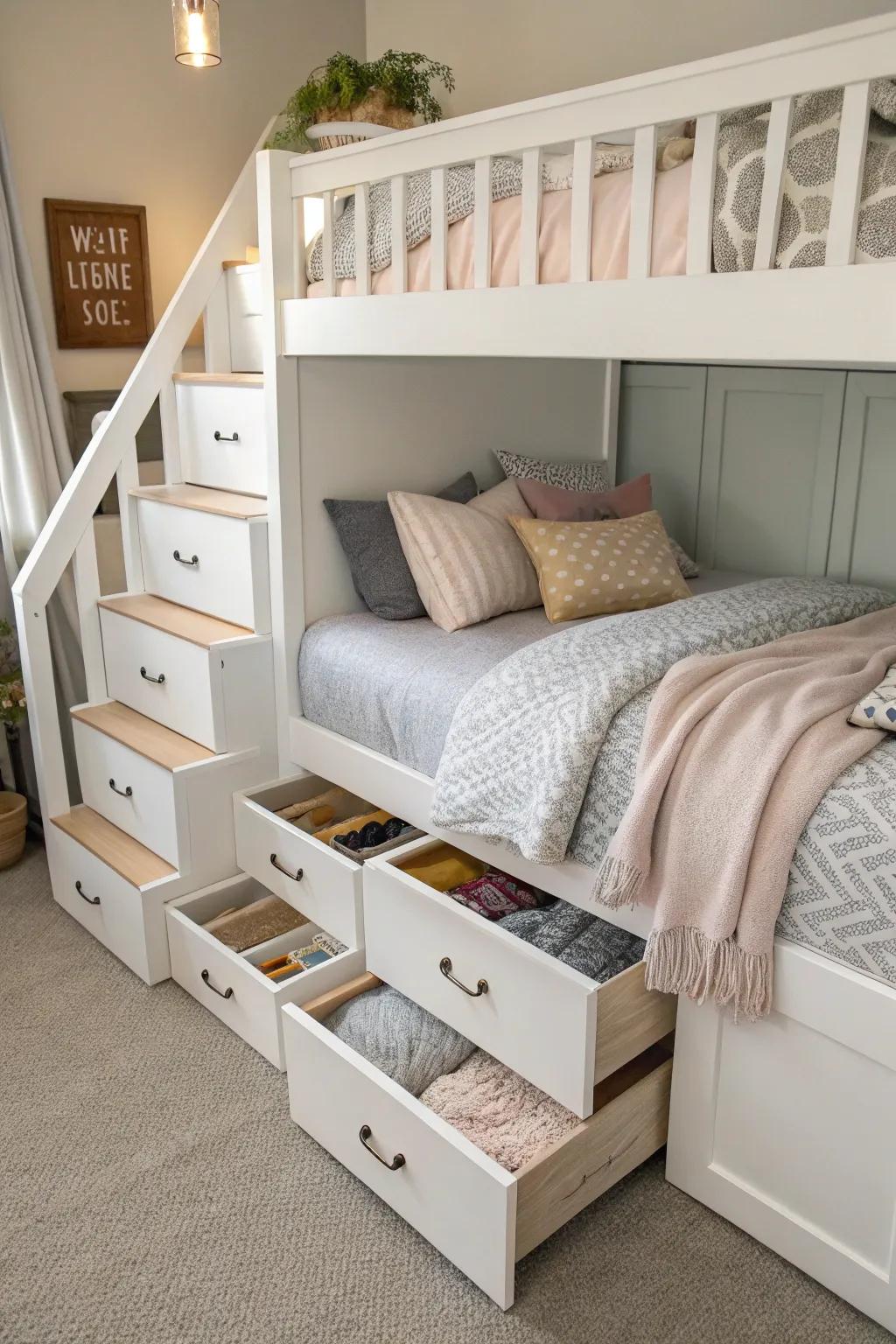 Steps with storage compartments offer a stylish and functional loft bed design.