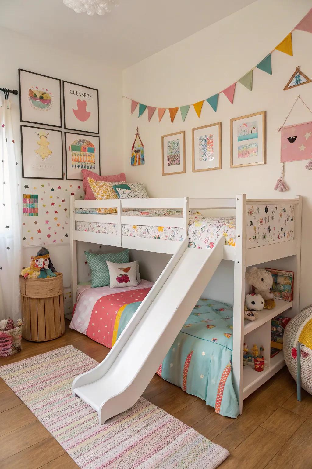 A high sleeper with a slide adds fun and functionality to a child's room.