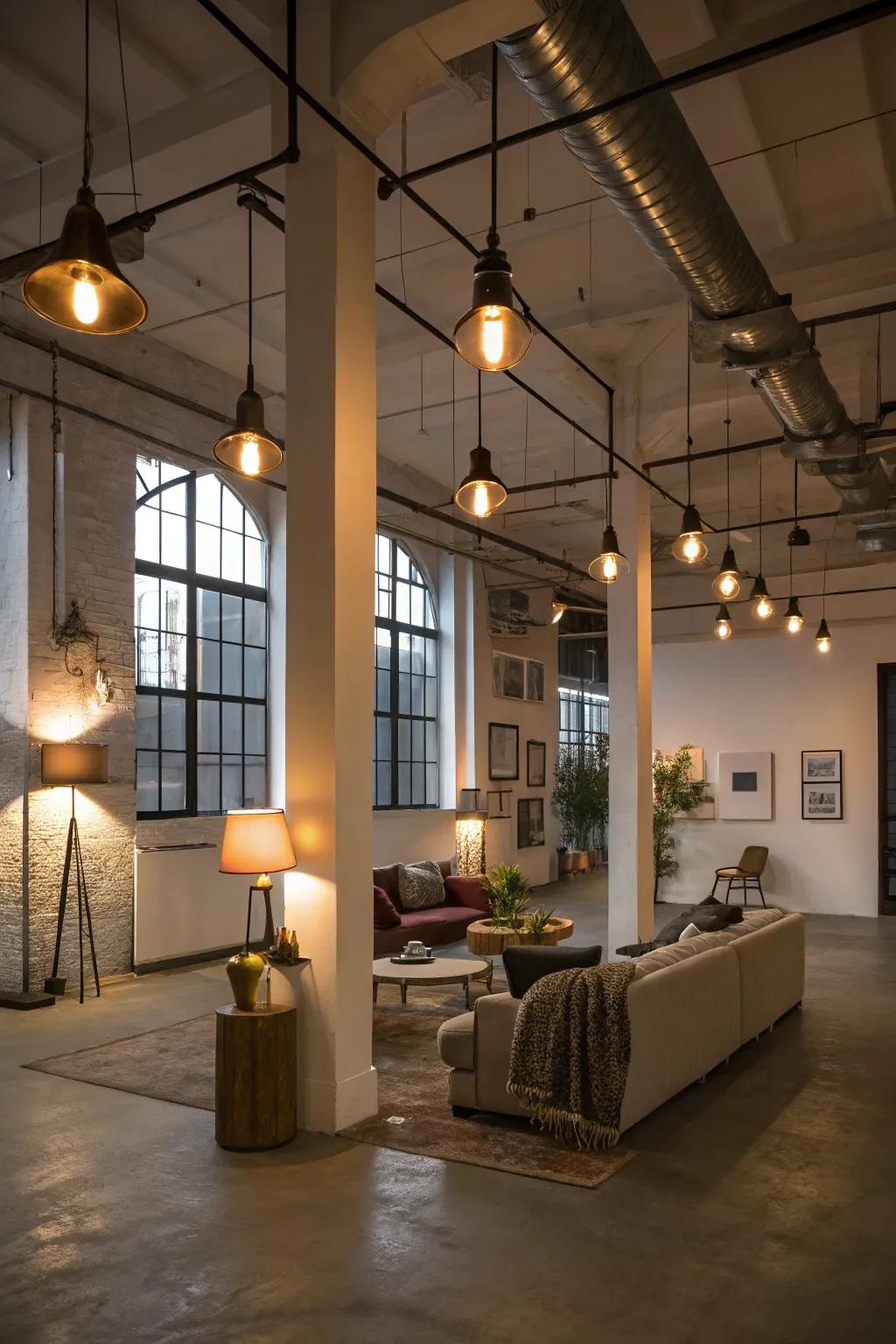 Layered lighting enhances loft atmosphere.