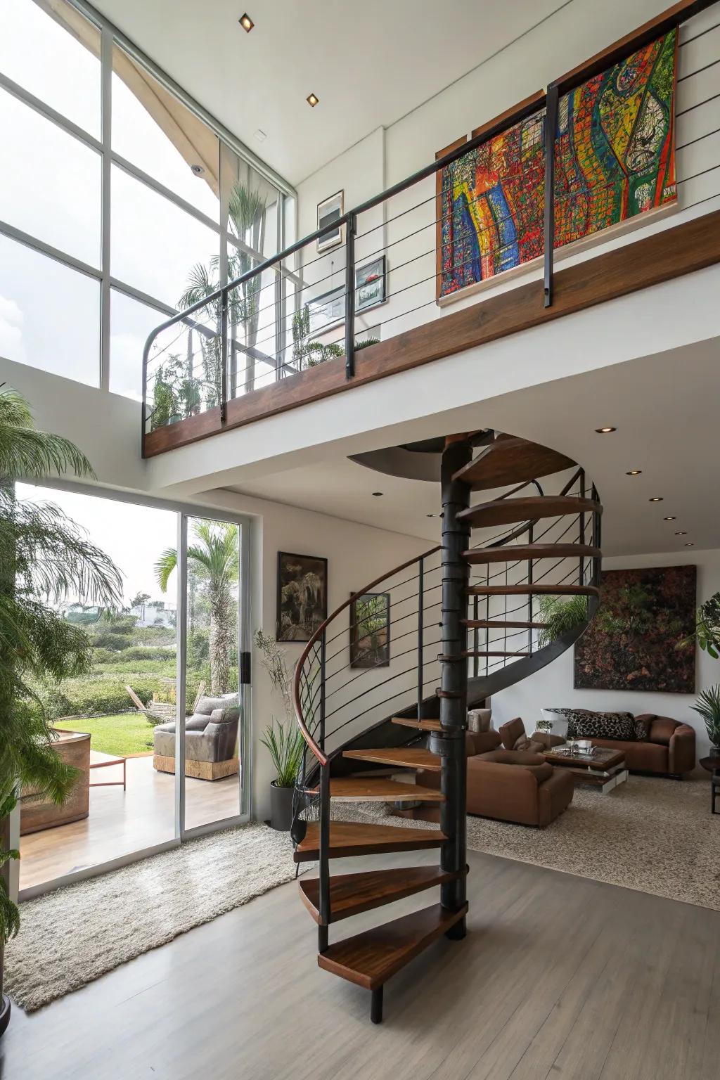 Striking winding staircase for attic access.