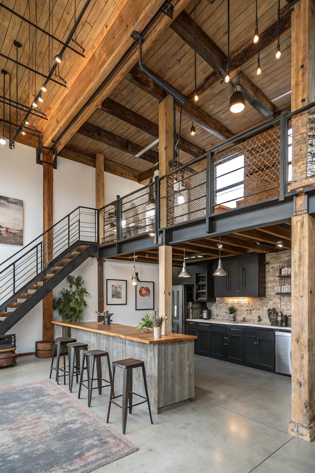 A loft that beautifully combines industrial chic with rustic charm.