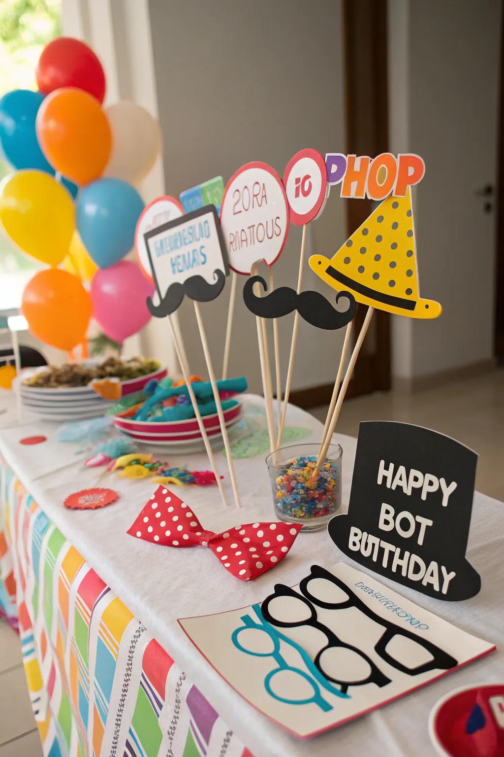 Homemade party props ensure fun, memorable photos.