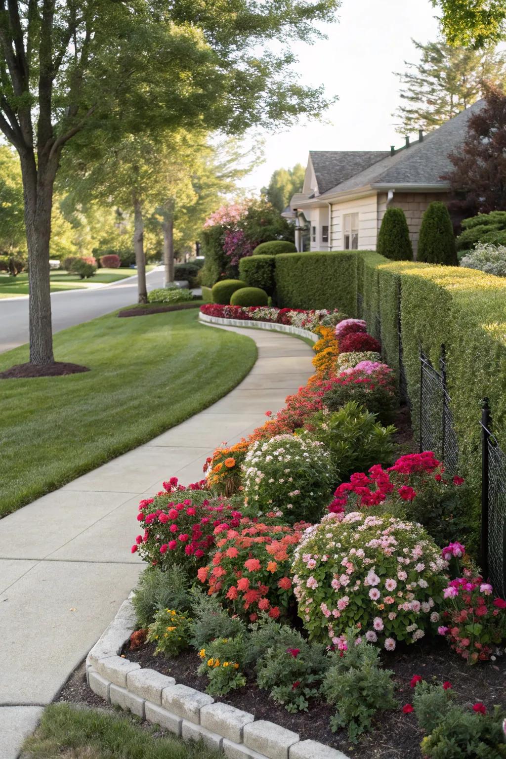 A lush hedge fence presents a natural and vibrant border for this front garden.