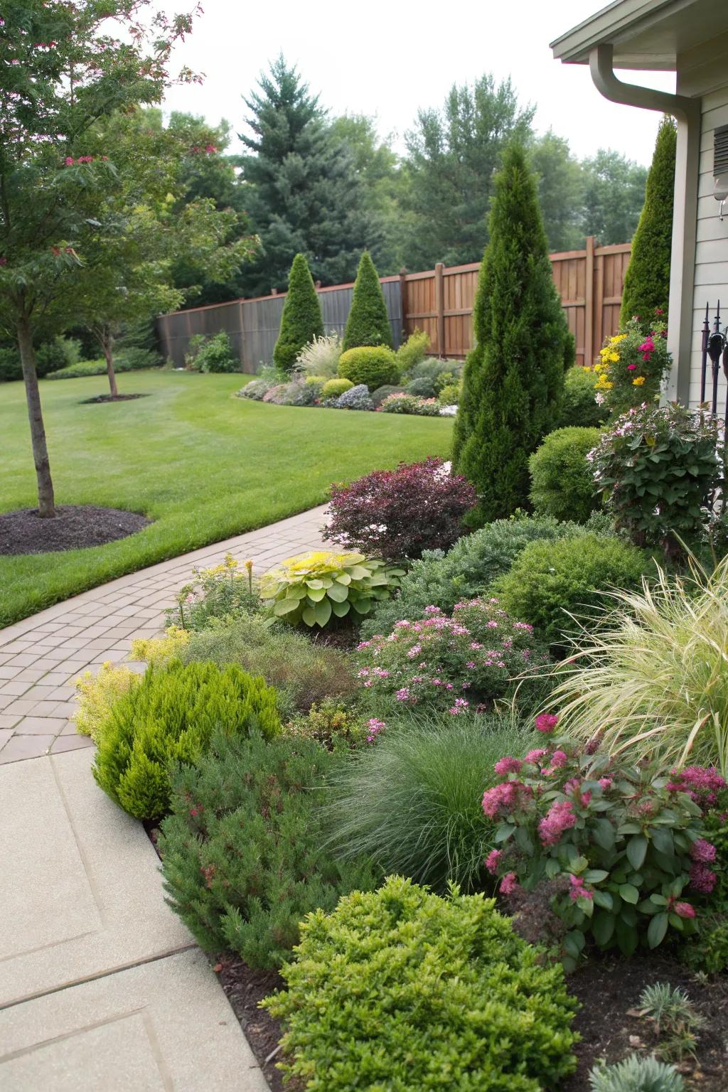 Layered planting creates depth and interest in a front yard.
