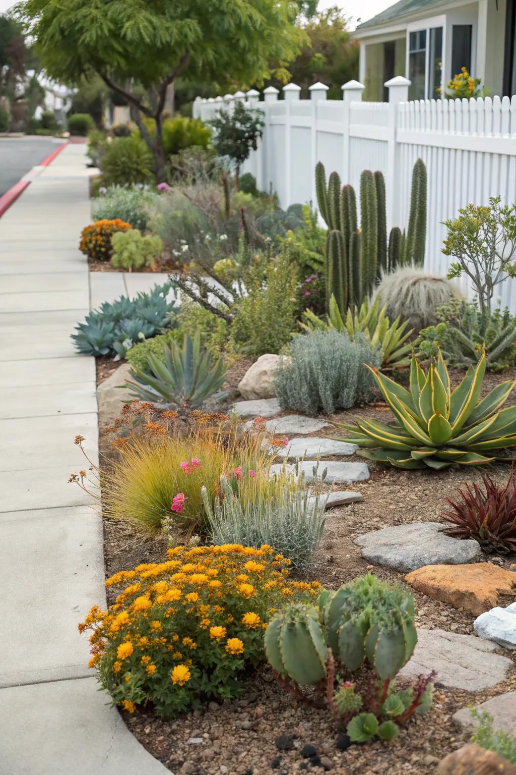 A mix of textures and colors creates a lively and engaging xeriscape yard.