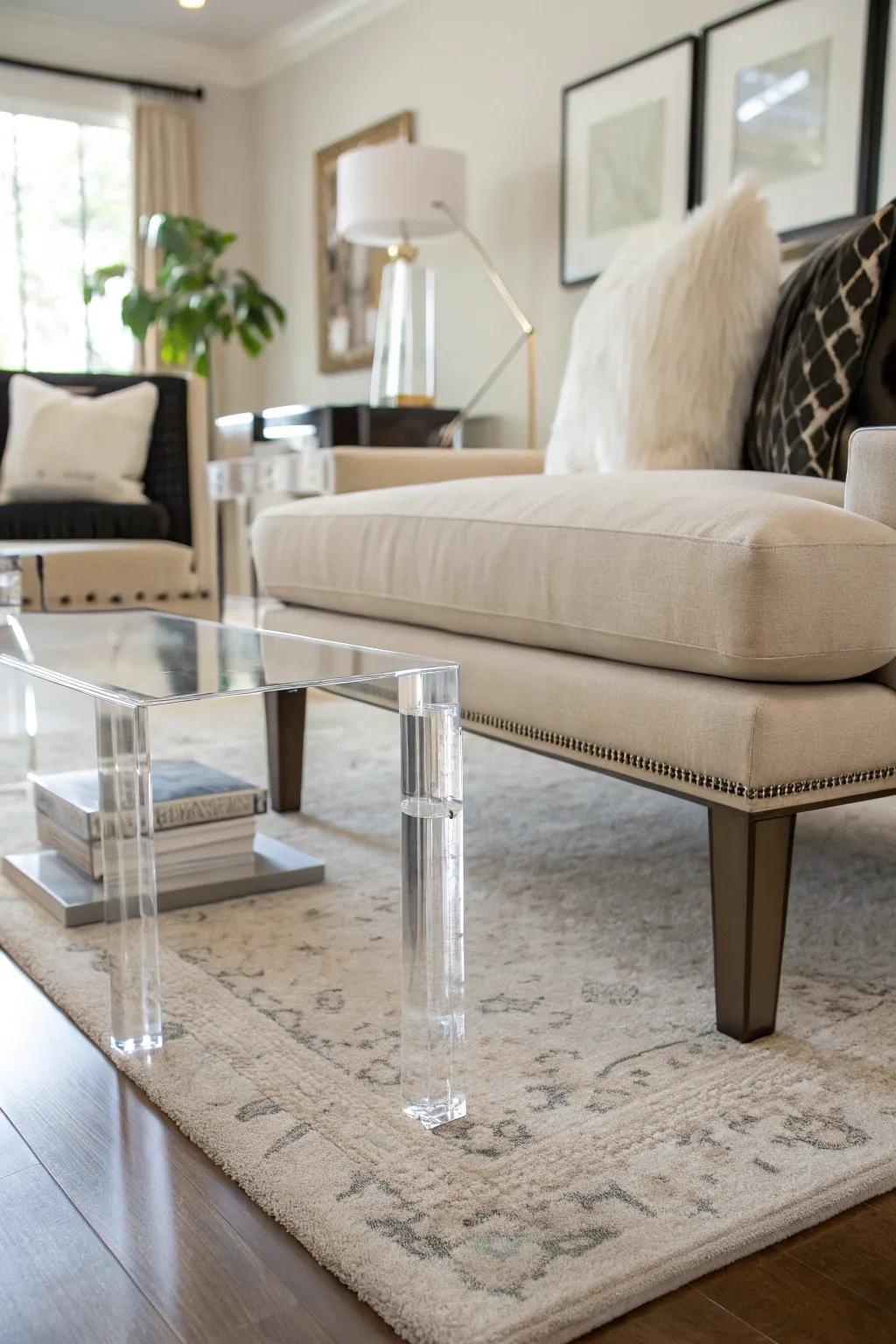 Acrylic legs give furniture a floating appearance.