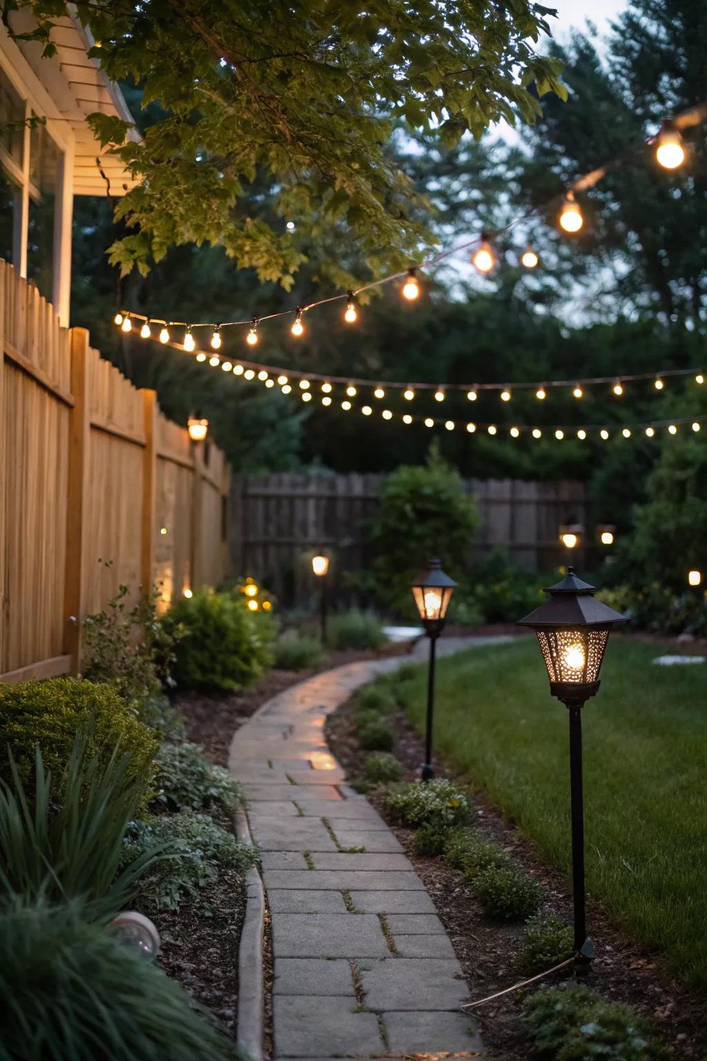 A backyard illuminated with ambient mood lighting.