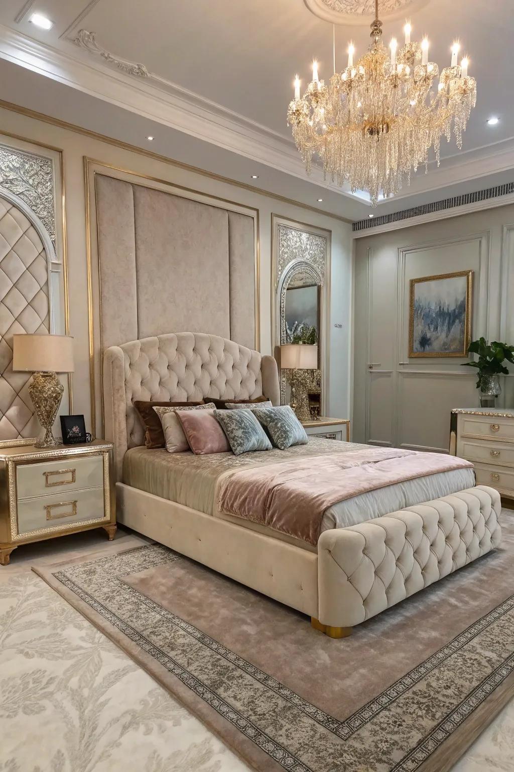 A luxurious bedroom showcasing central pieces as focal points.