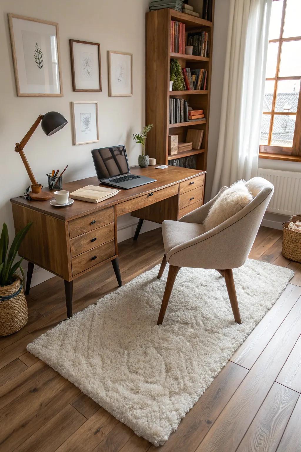 A modern home office demonstrating textural contrast.