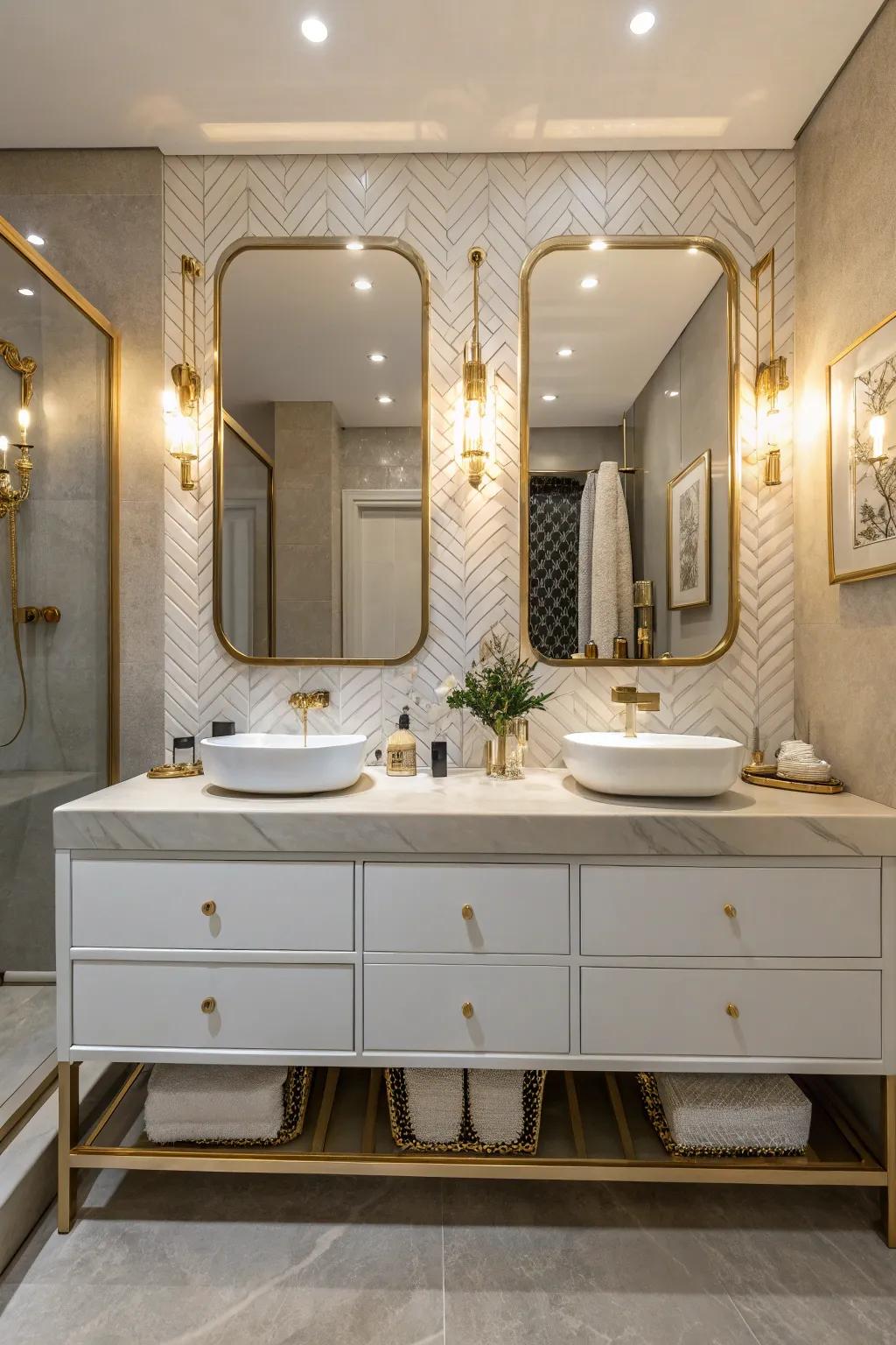 A modern bathroom featuring a spacious twin washstand.