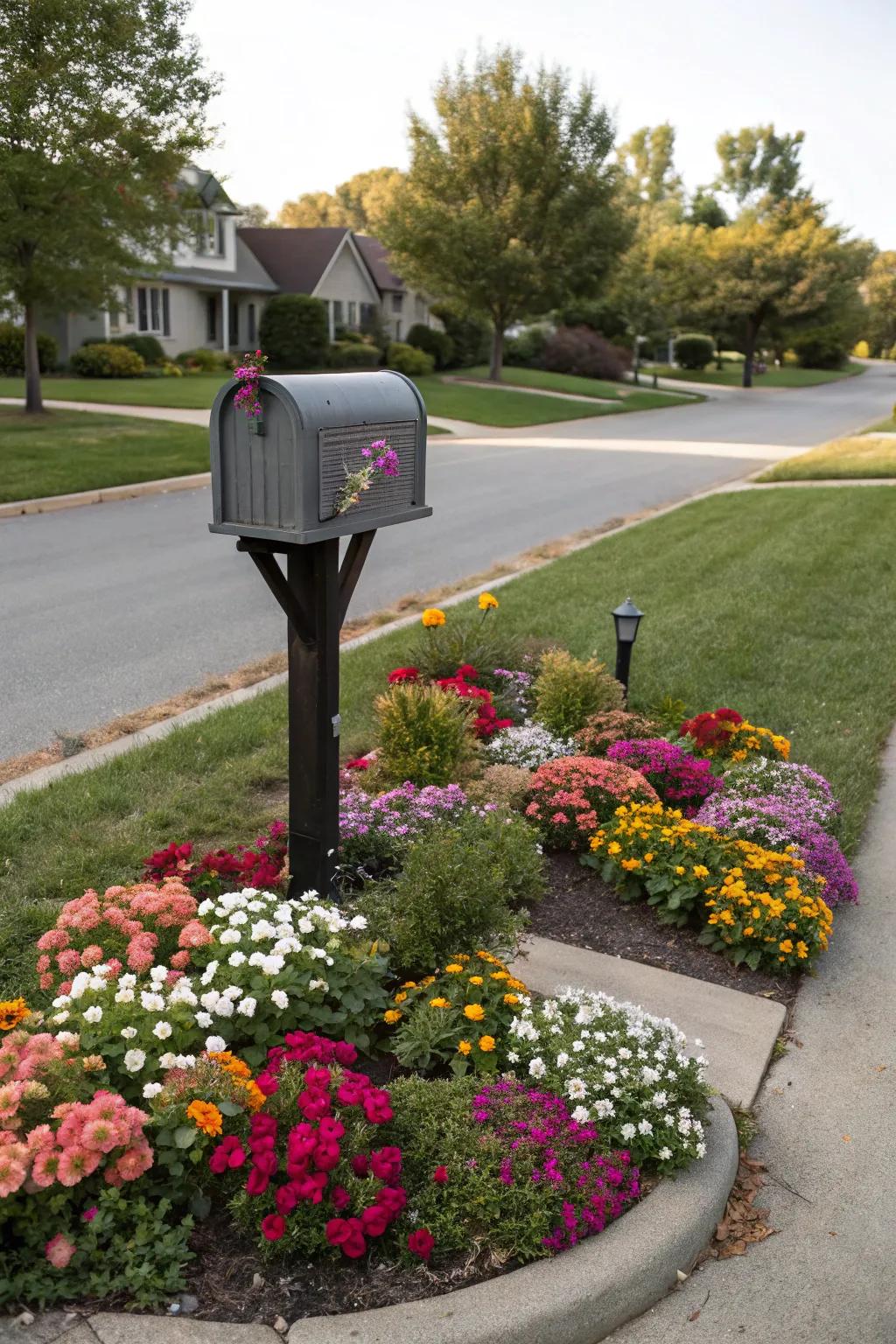 Hue coordination between flowers and mailbox yields a cohesive visual.