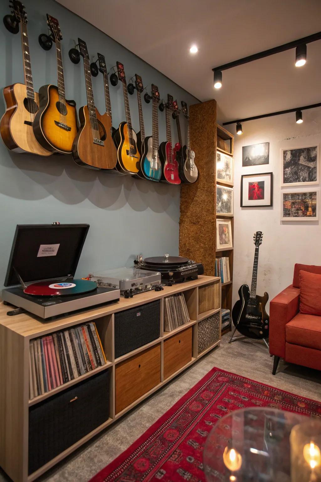 Discover your rhythm in a music-themed man cave.