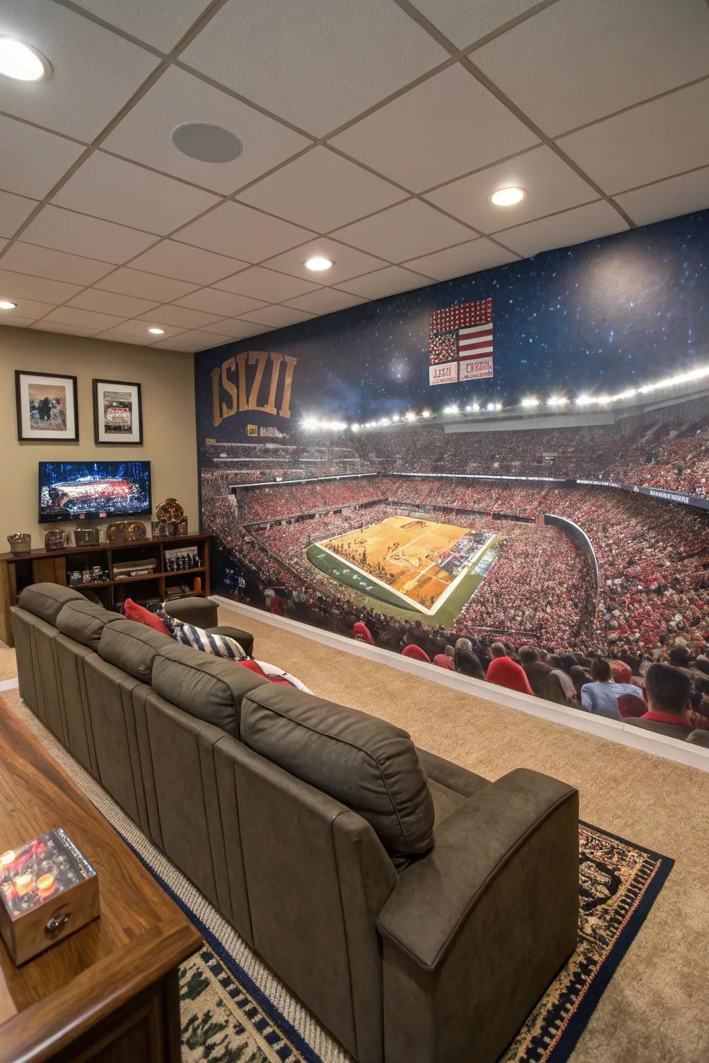A themed graphic wall can create a striking assertion in your man cave.