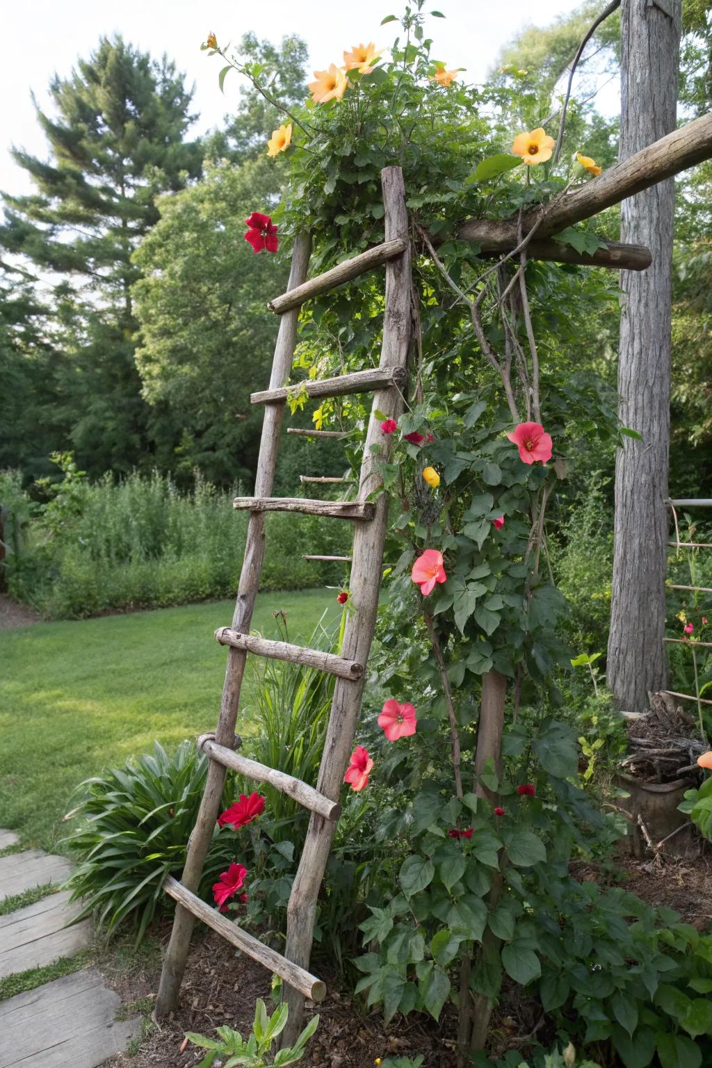 A rustic branch support presents a natural and sustainable approach to exhibit blushing trumpet vine.