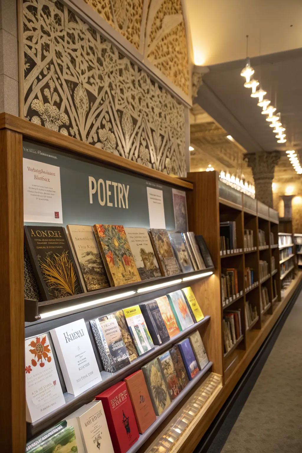 An inventive display for World Poetry Day featuring poetry collections and artwork.