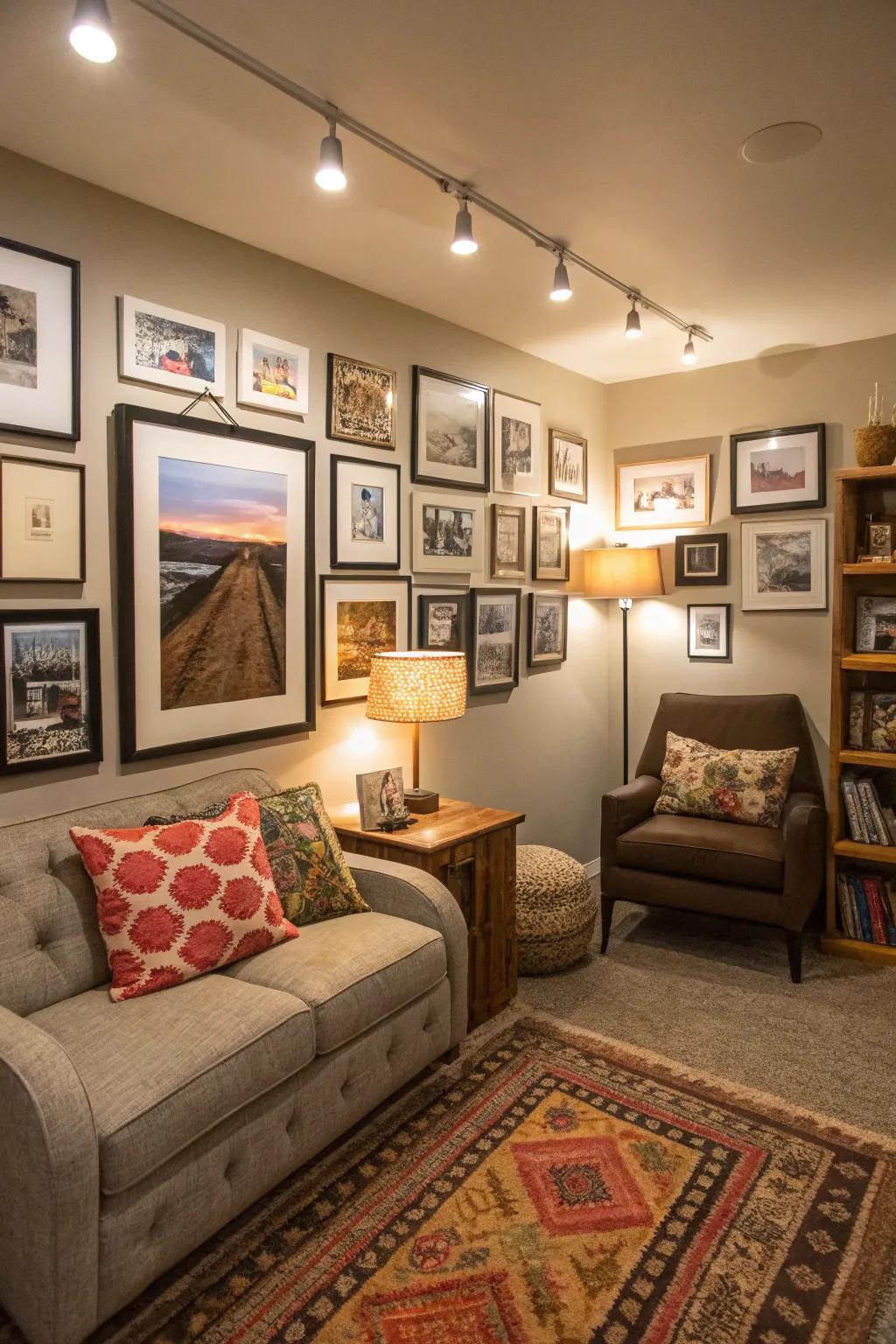 A photo display imparts personal style to the retreat.