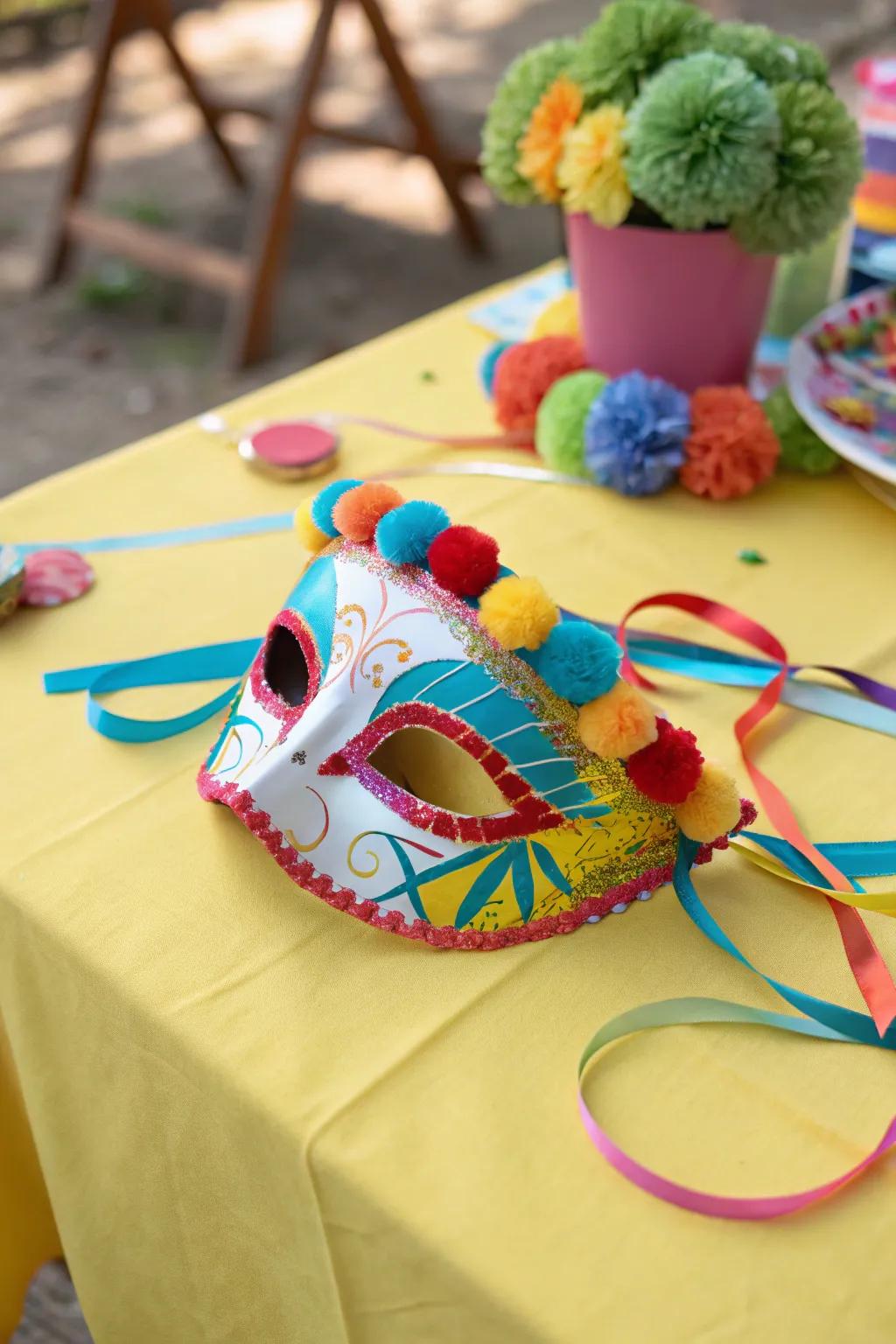 Soft pompoms and ribbons enhance a lively and animated mask aesthetic.