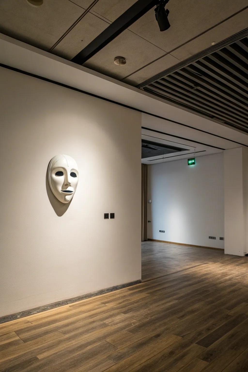 A minimalist methodology enables this mask to reign as the space's highlight.