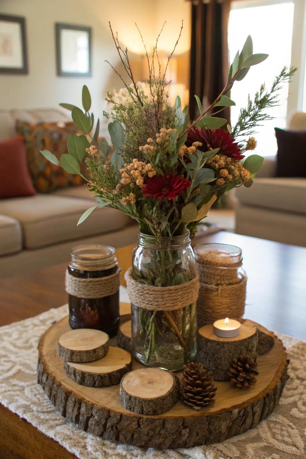 Add countryside charm with antique containers and all-natural parts.