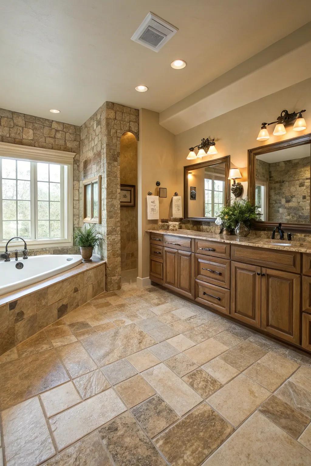 Natural stone tiles create a spa-like ambiance.