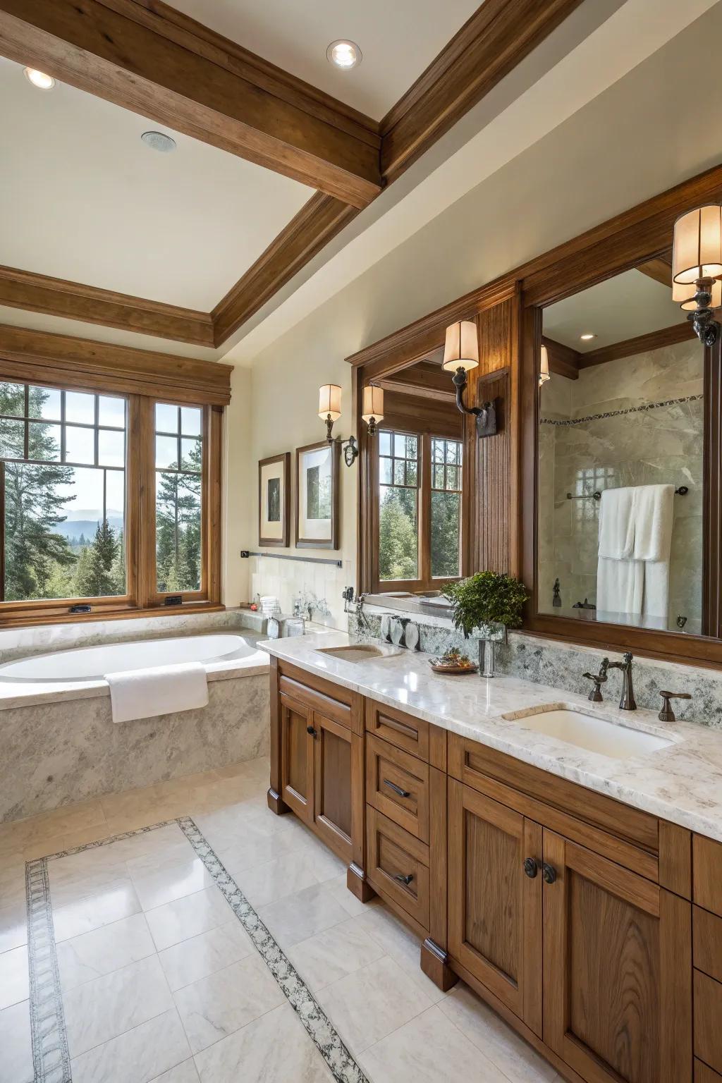 Opulent bathroom showcasing marble countertops harmonizing with rich wooden features.