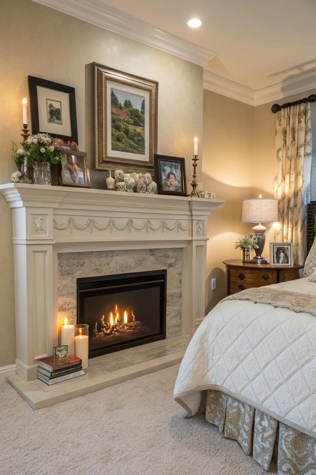 The decorated mantel above the fireplace highlights seasonal decor and personal treasures.