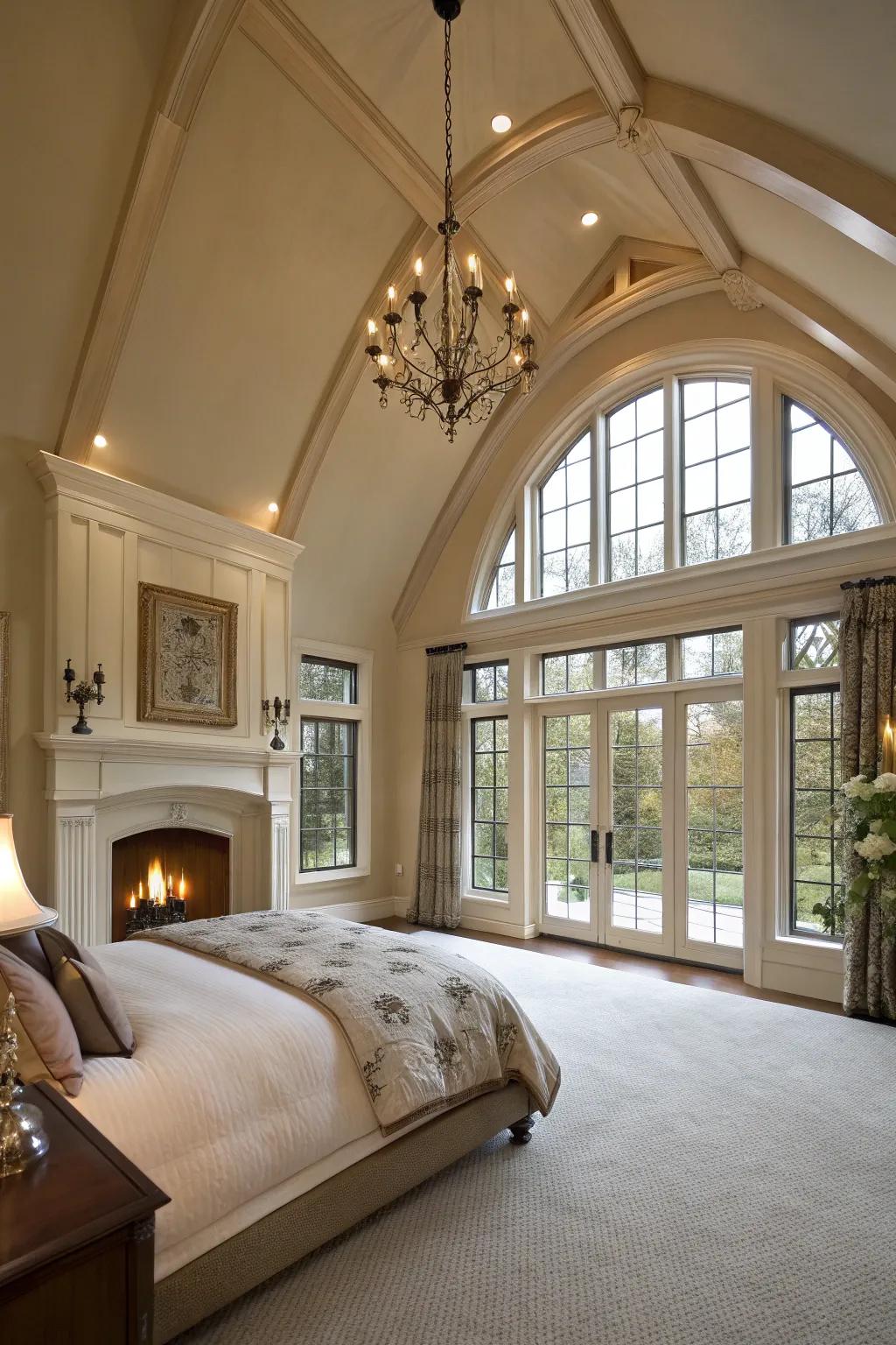 Architectural specifics such as soaring ceilings enhance the firebox's presence.
