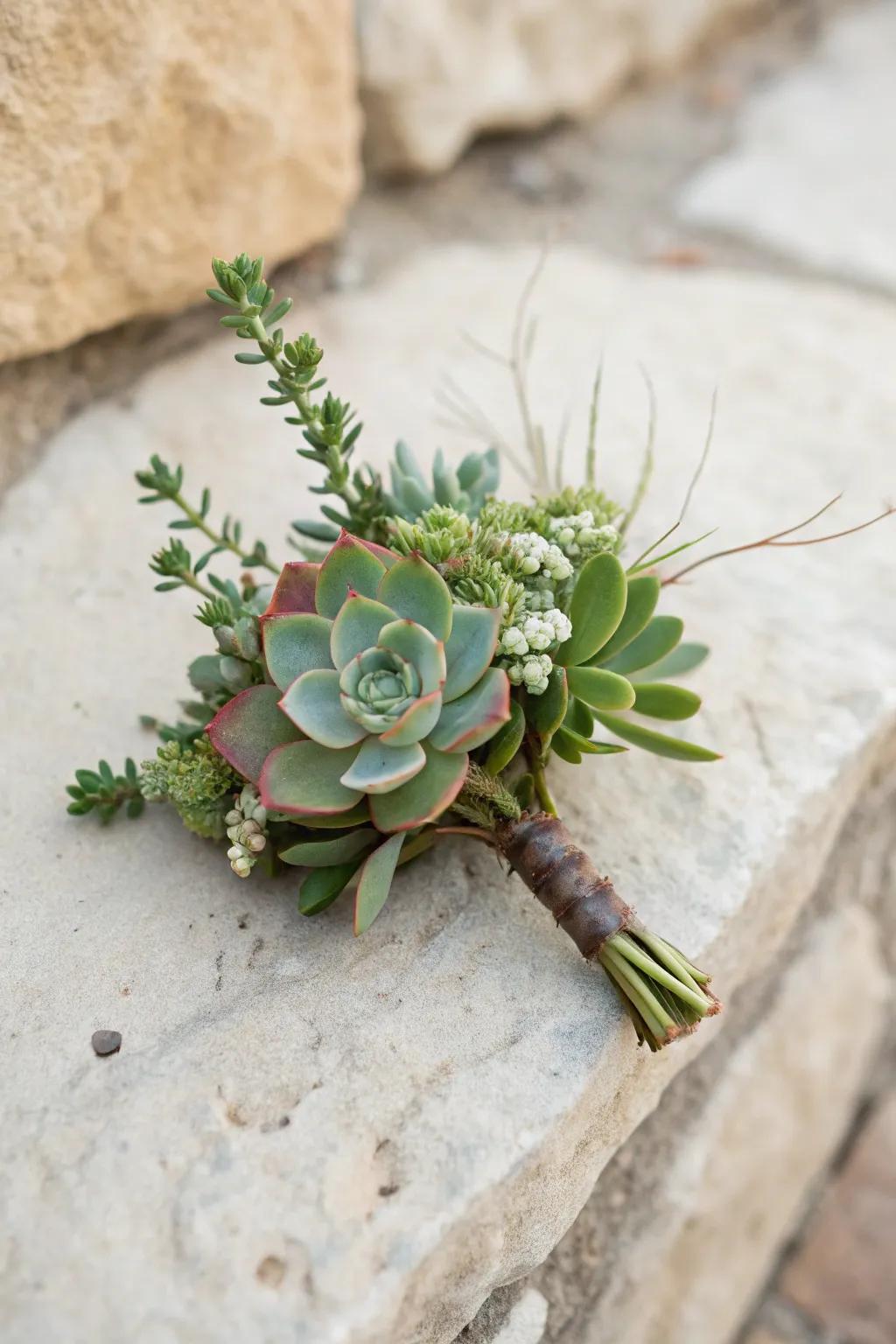A cactus boutonniere presents a contemporary and unique style.