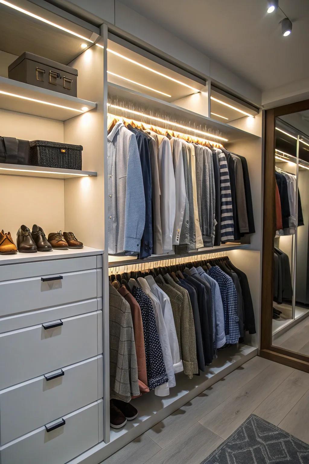 Well-lit closet area displaying clothes and accessories.