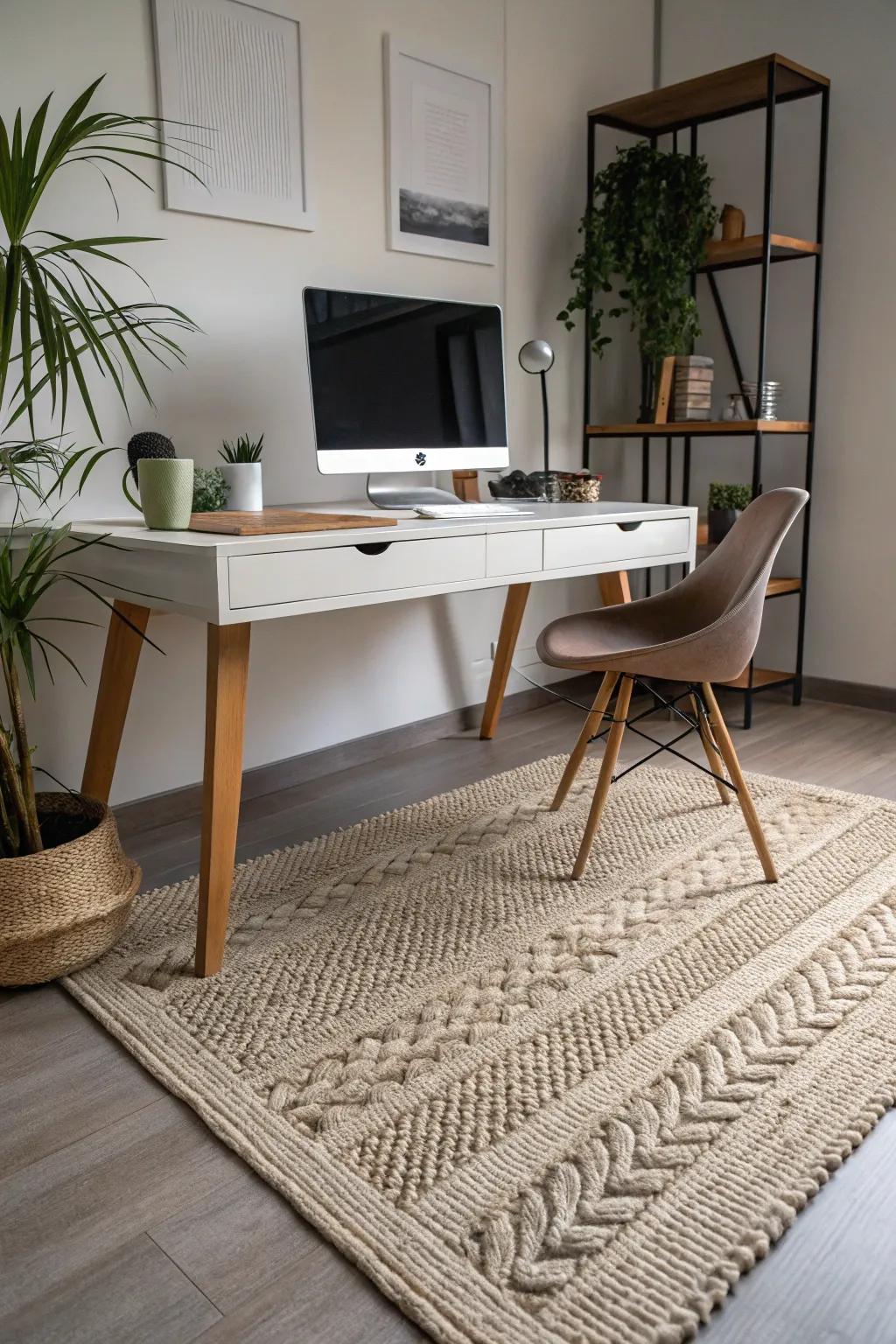 Layered rugs enhance depth and warmth to your office floors.