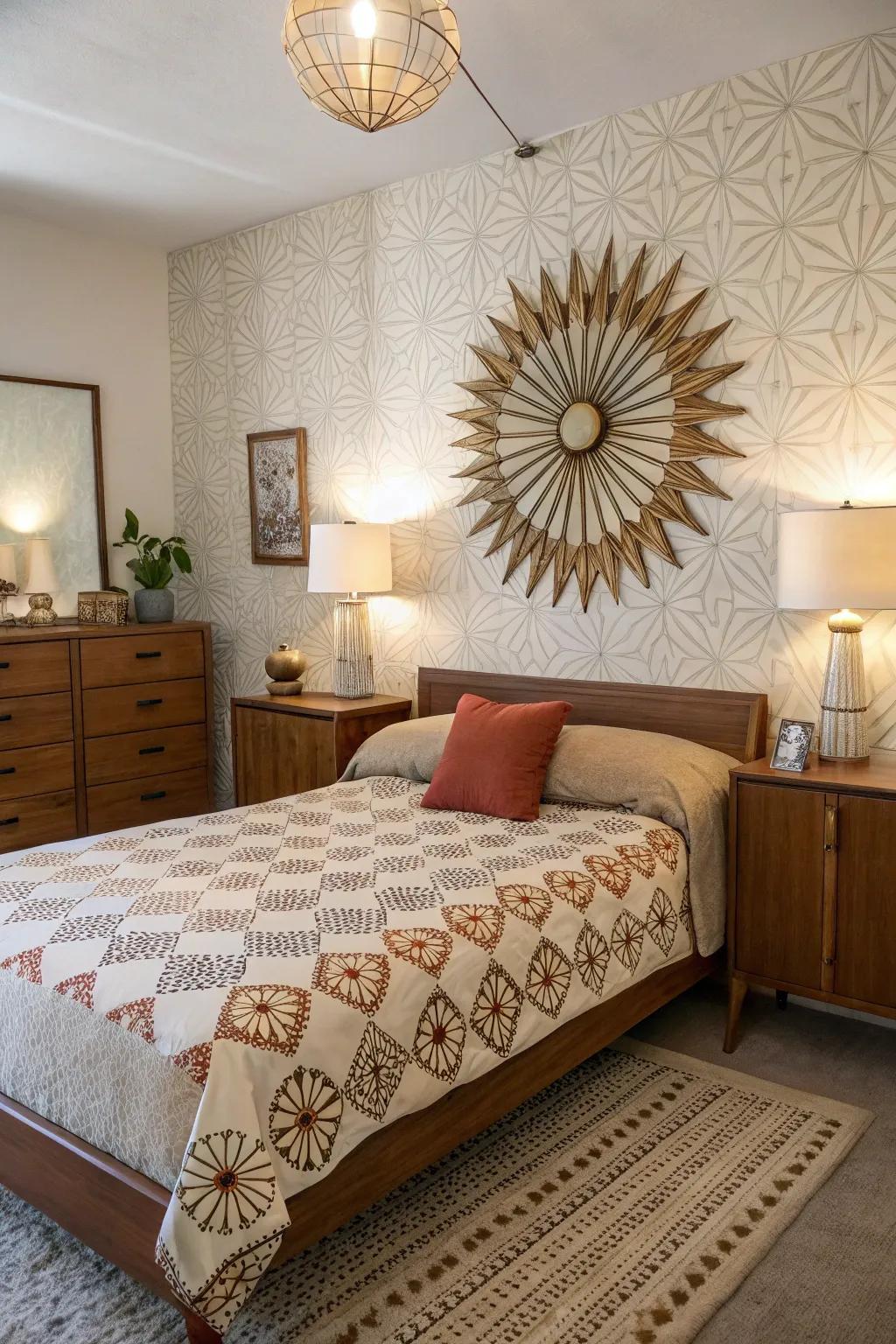 A mid-century modern bedroom filled with vintage decor and a sunburst mirror.