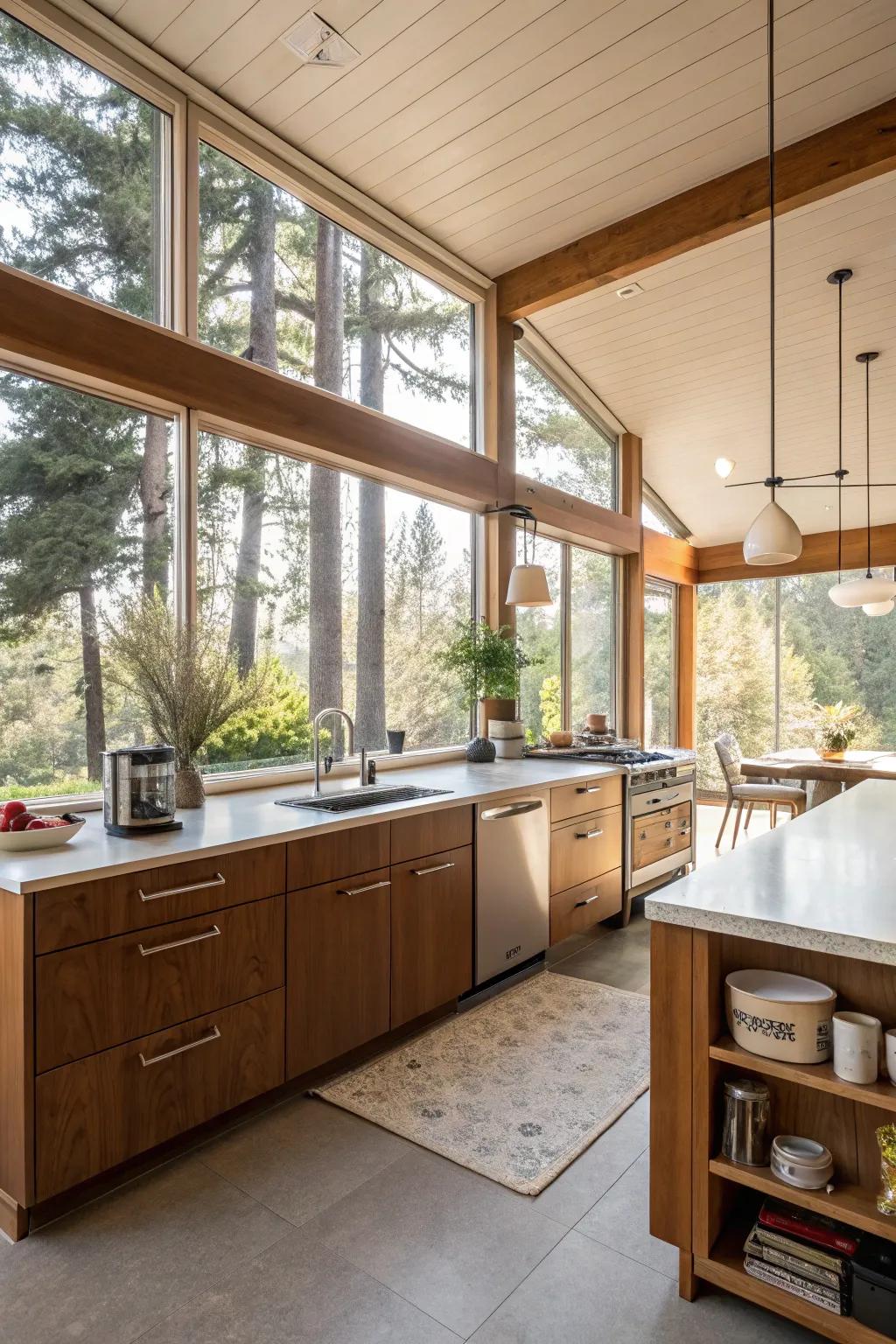 Large windows fill this mid-century kitchen with daylight.