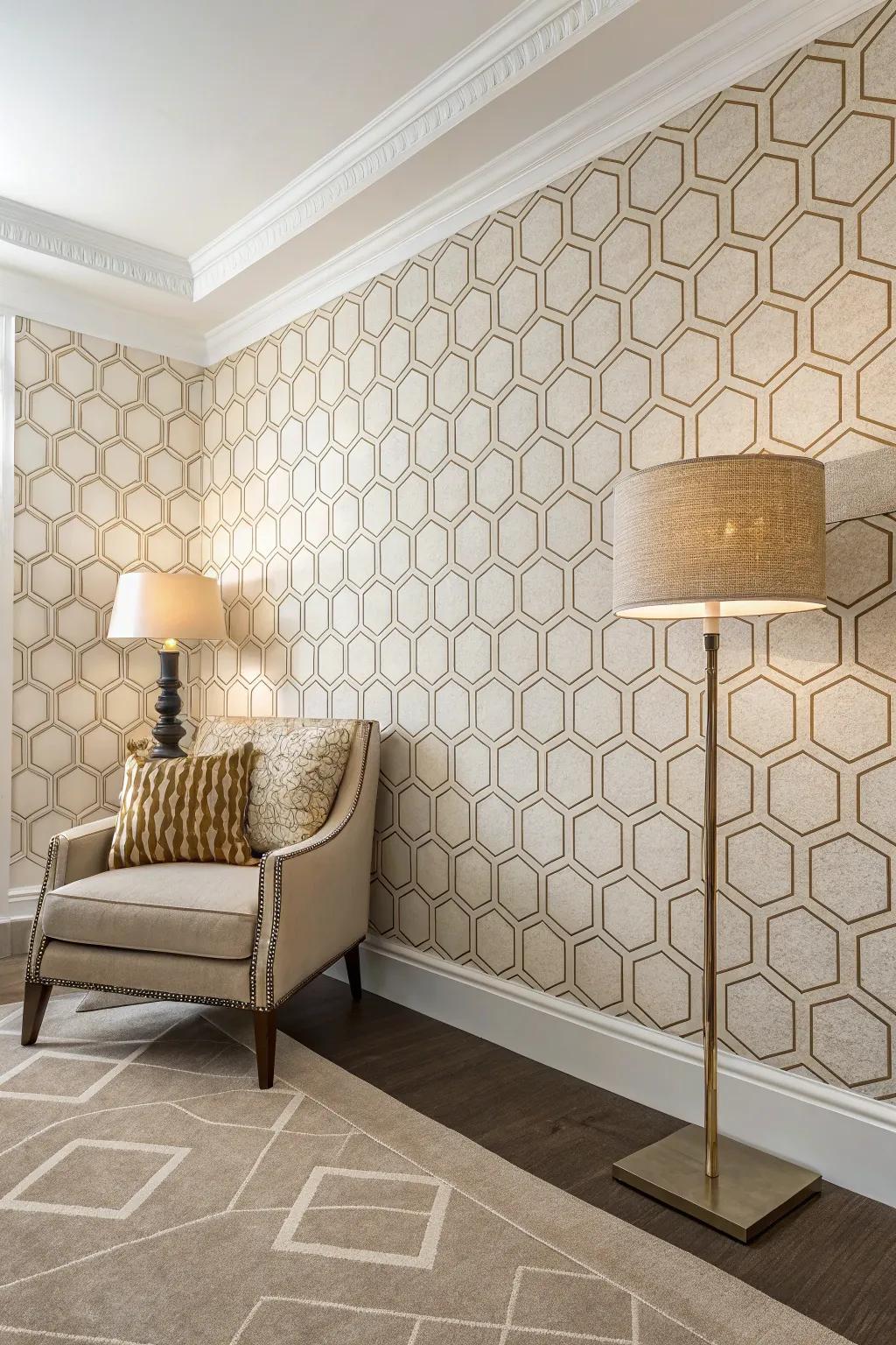 Modern space with honeycomb pattern mid-century wallcovering.