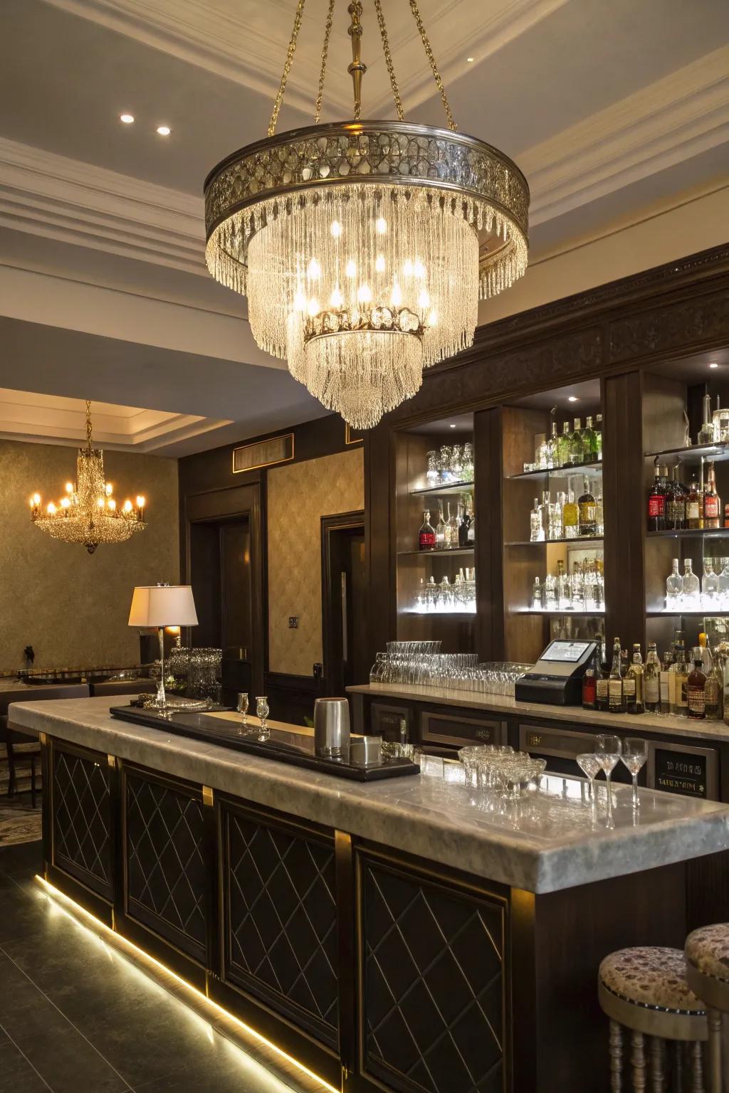 A chandelier enhances the home bar with grace and opulence.