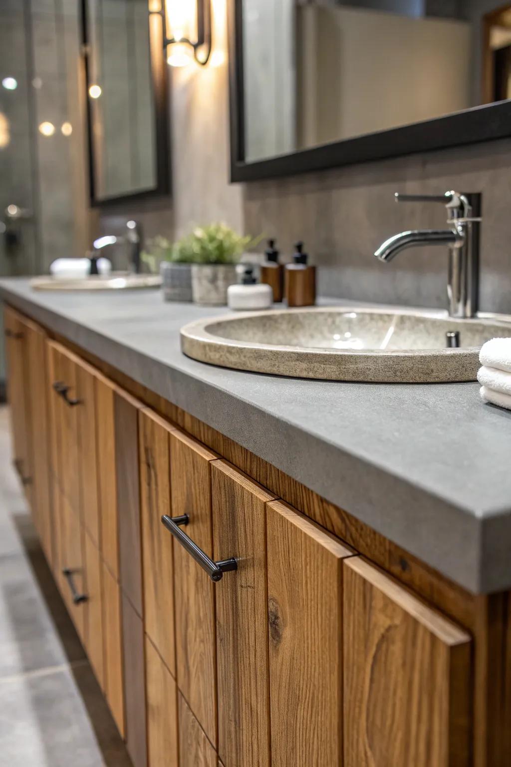 A blend of tactile surfaces elevates the minimalist bathroom decor.