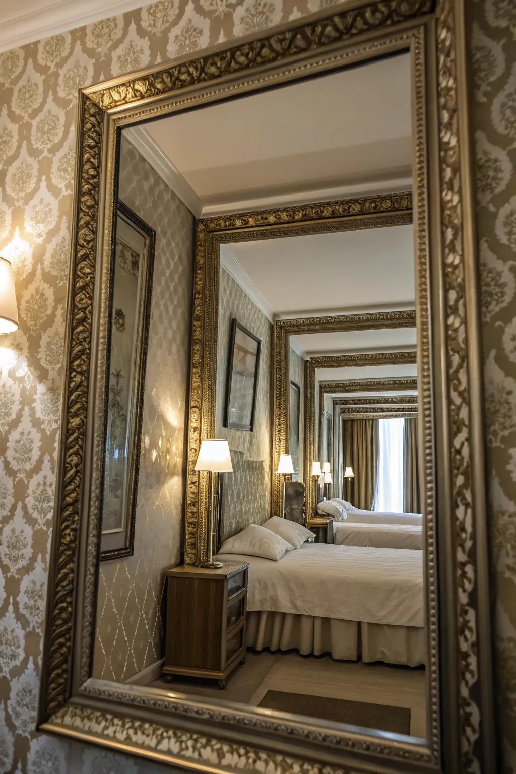 Layering mirrors over wallpaper introduces depth and visual intrigue.